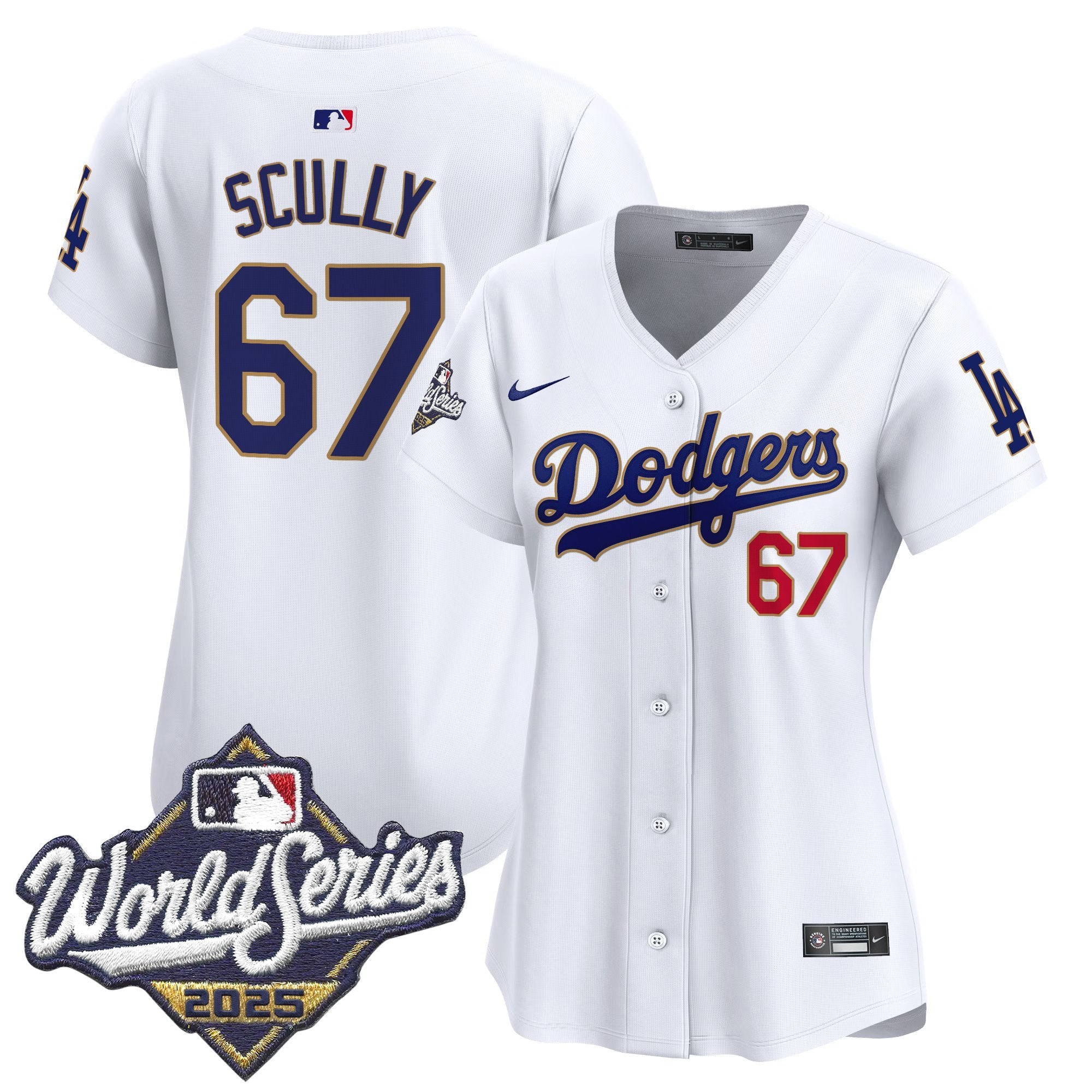 Women's Dodgers 2025 World Series Gold Trim Vapor Premier Limited Jersey - All Stitched - White, Vin Scully