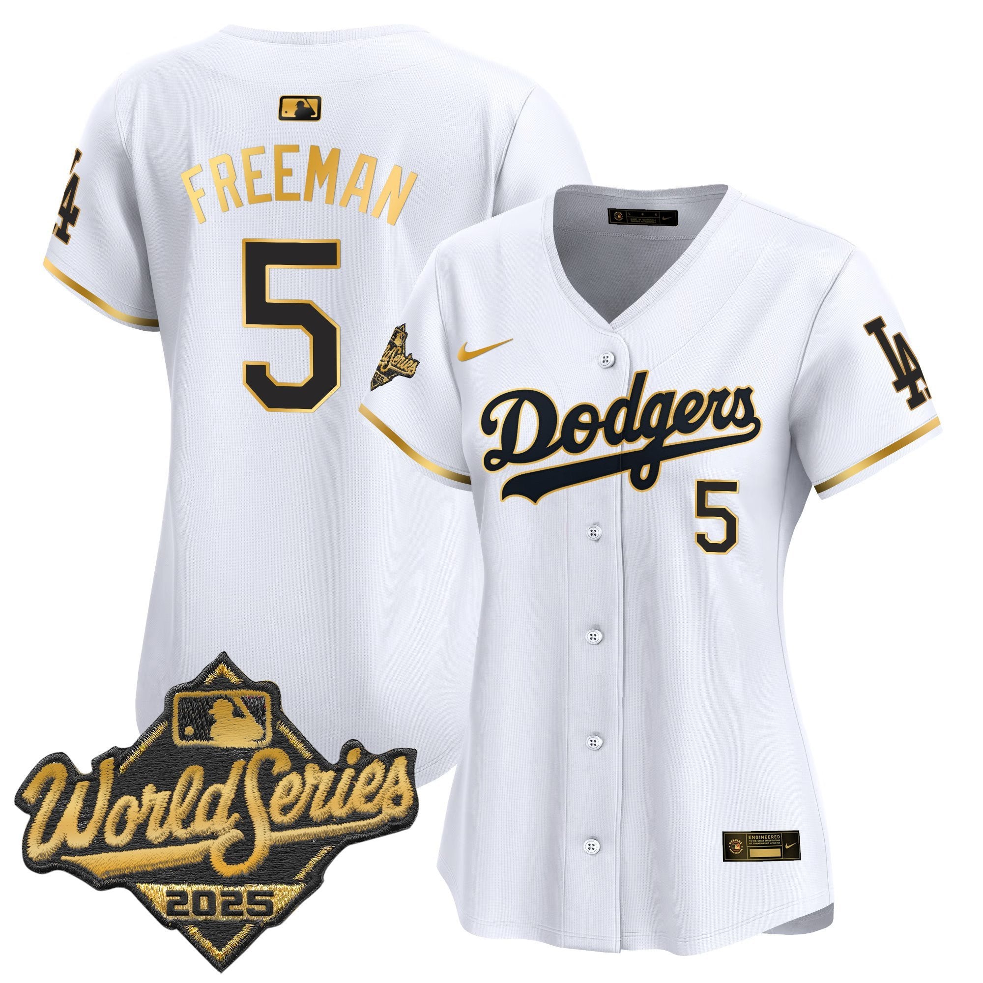 Women's Dodgers 2025 World Series Gold Trim Vapor Premier Limited Jersey - All Stitched - White Gold, Freddie Freeman