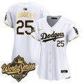 Women's Dodgers 2025 World Series Gold Trim Vapor Premier Limited Jersey - All Stitched - White Gold, #25 Dodgers