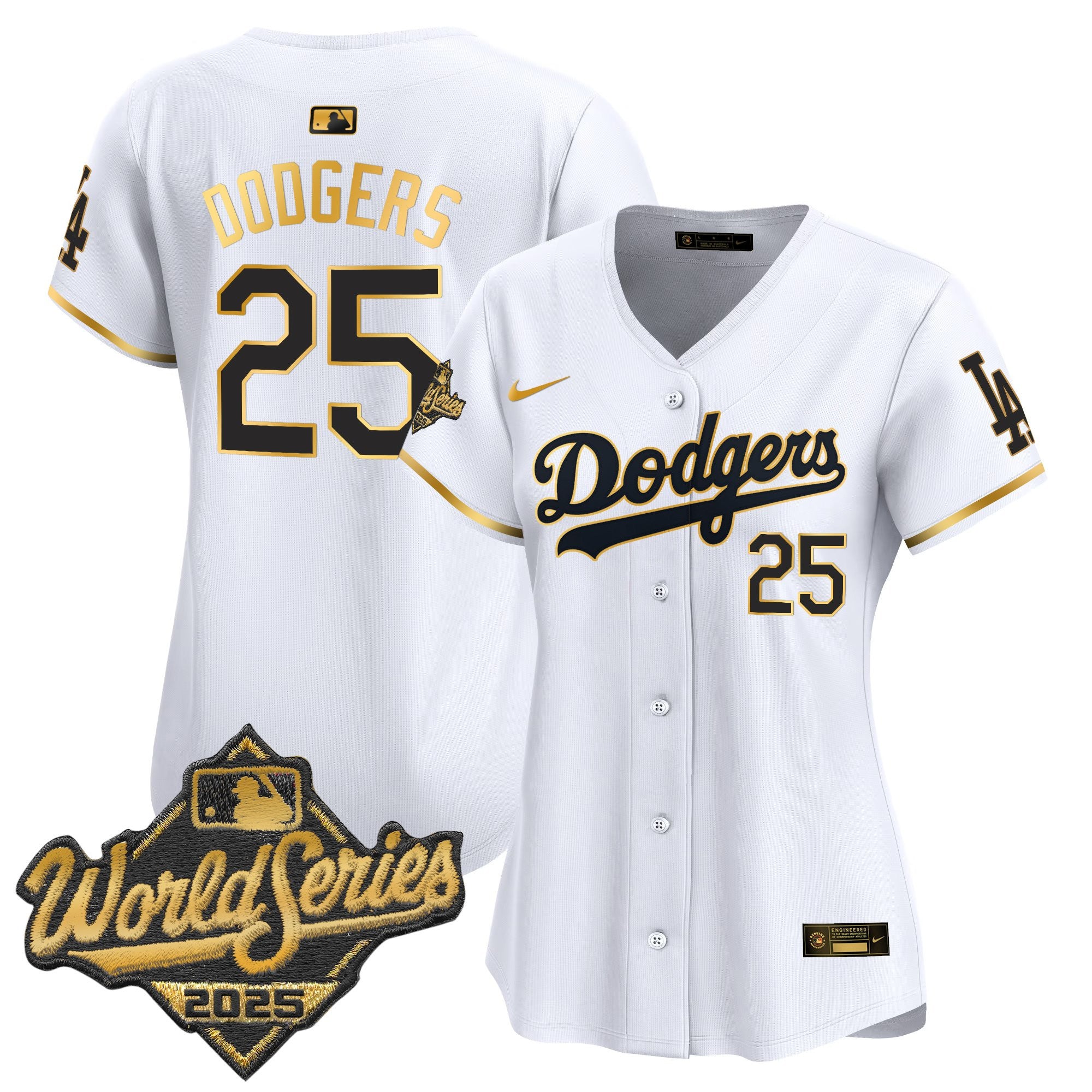 Women's Dodgers 2025 World Series Gold Trim Vapor Premier Limited Jersey - All Stitched - White Gold, #25 Dodgers