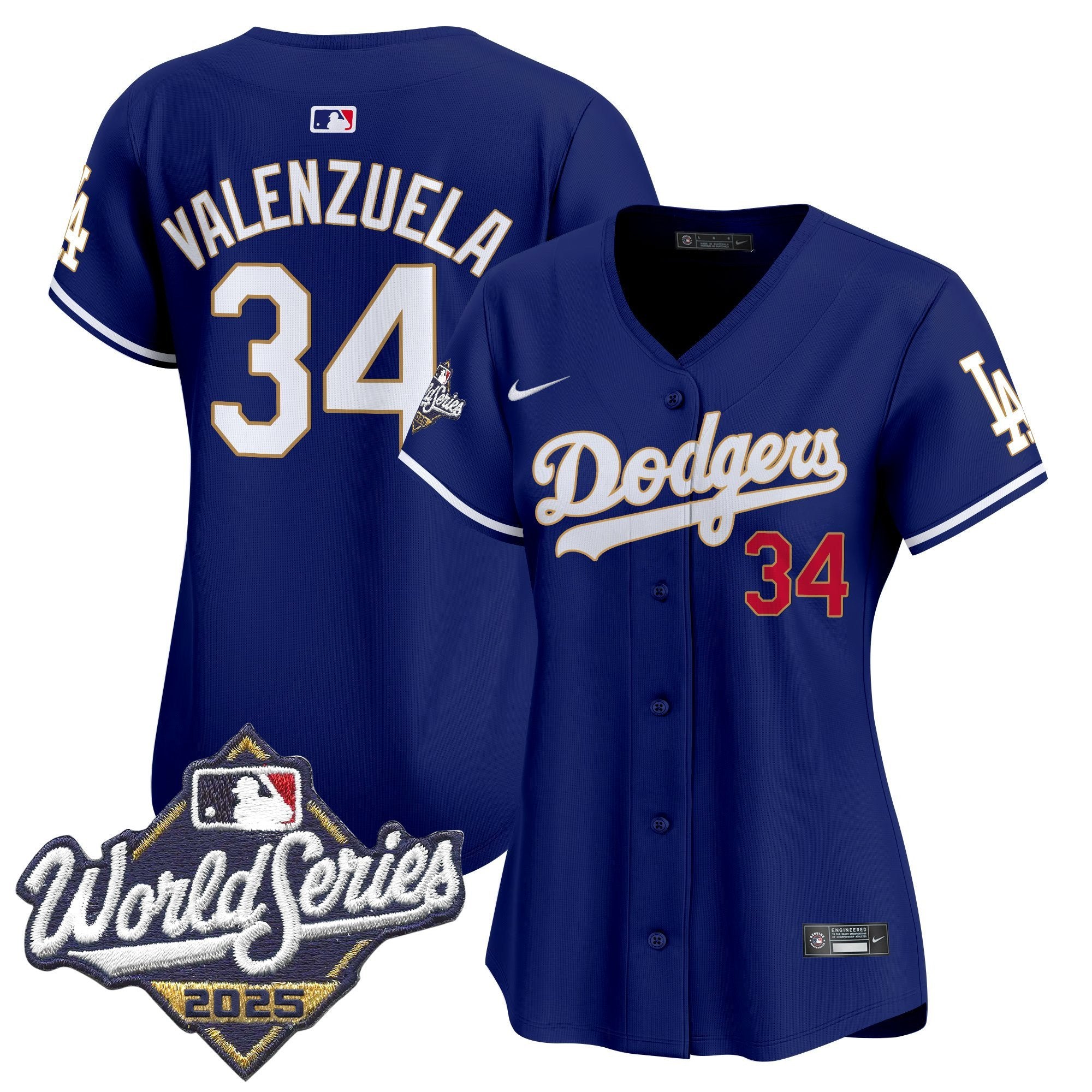 Women's Dodgers 2025 World Series Gold Trim Vapor Premier Limited Jersey - All Stitched - Royal, Fernando Valenzuela