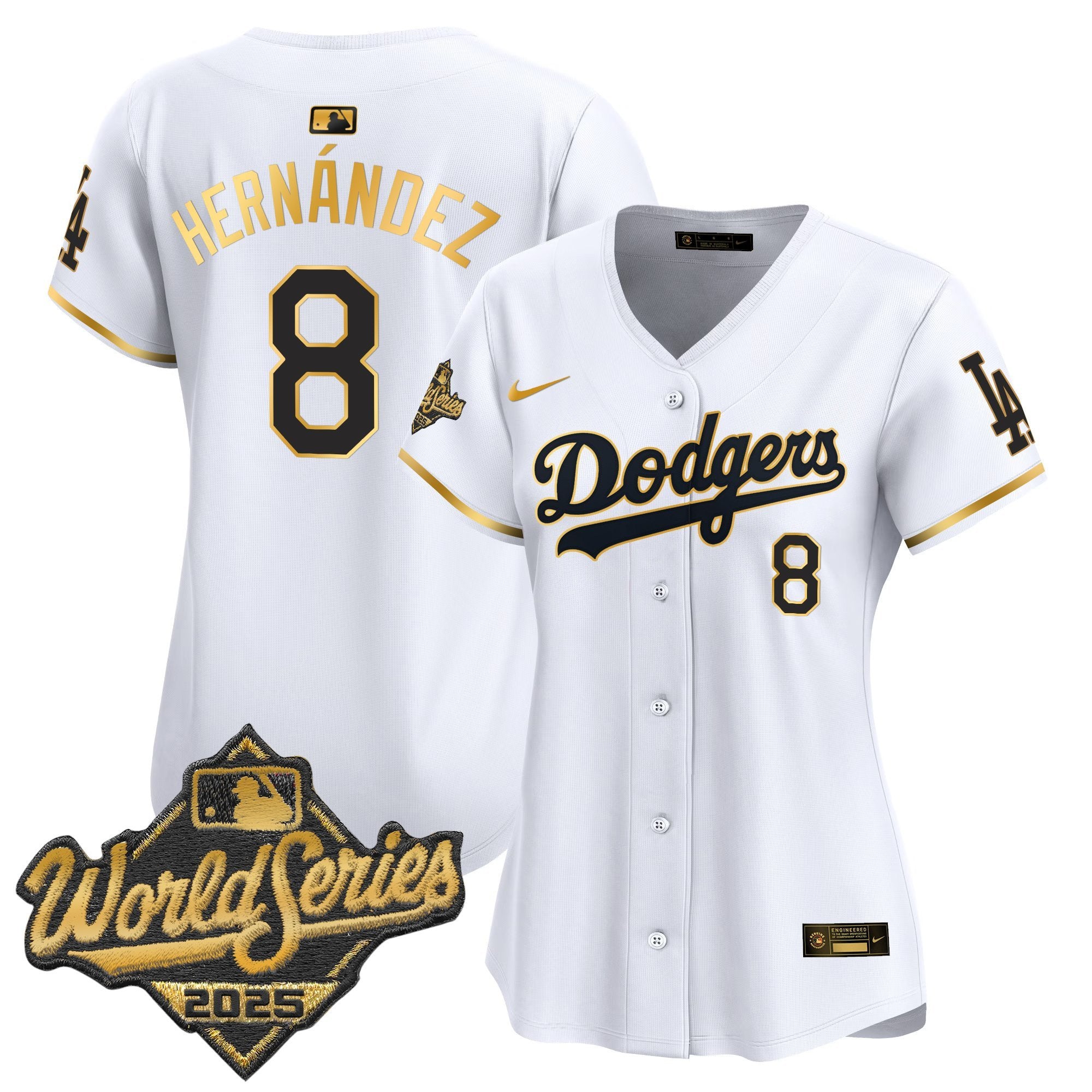Women's Dodgers 2025 World Series Gold Trim Vapor Premier Limited Jersey - All Stitched - White Gold, Kike Hernandez
