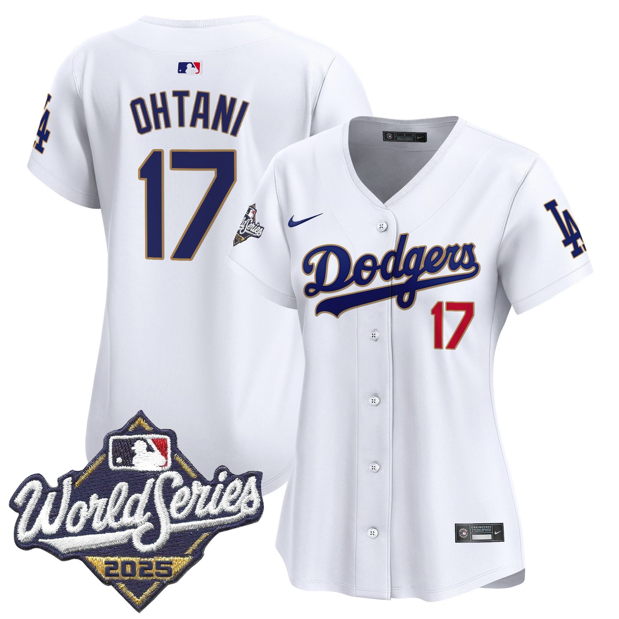 Women's Dodgers 2025 World Series Gold Trim Vapor Premier Limited Jersey - All Stitched - White, Shohei Ohtani