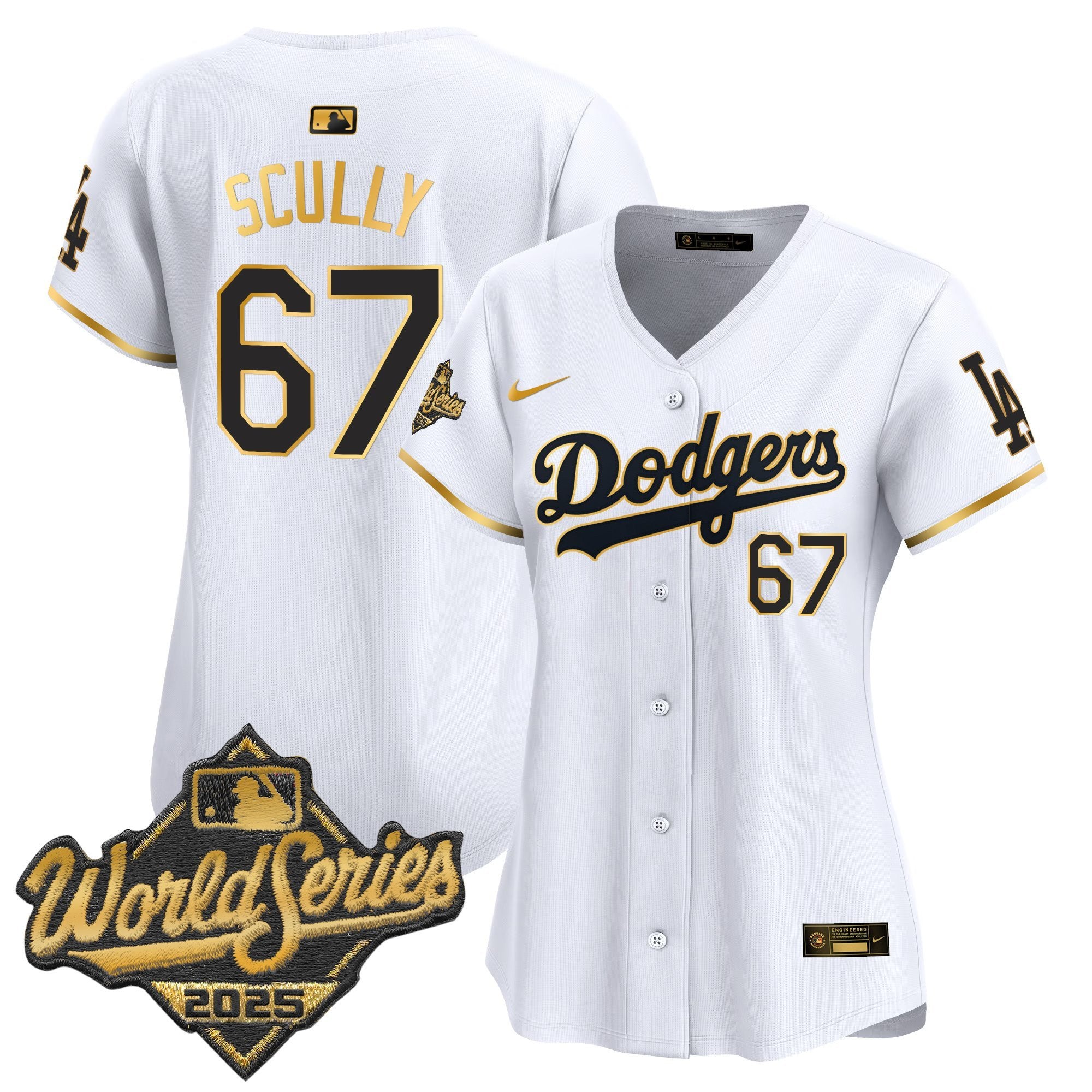 Women's Dodgers 2025 World Series Gold Trim Vapor Premier Limited Jersey - All Stitched - White Gold, Vin Scully