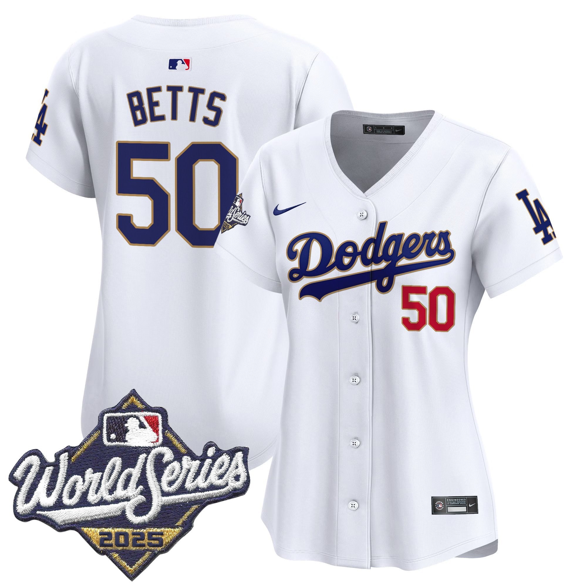 Women's Dodgers 2025 World Series Gold Trim Vapor Premier Limited Jersey - All Stitched - White, Mookie Betts