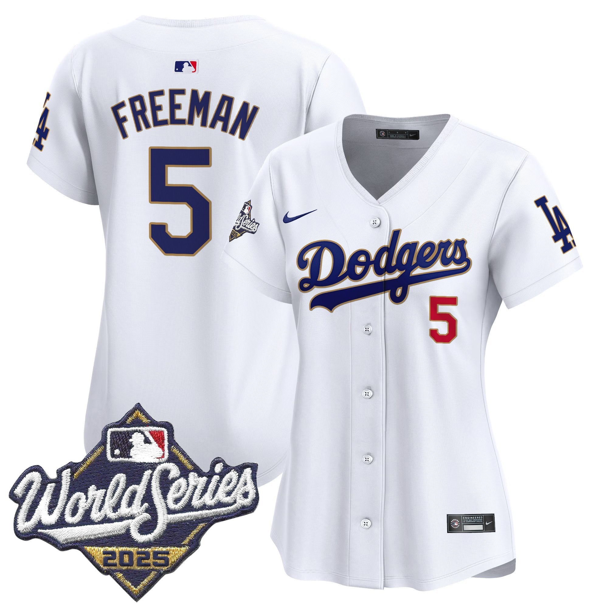 Women's Dodgers 2025 World Series Gold Trim Vapor Premier Limited Jersey - All Stitched - White, Freddie Freeman