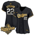 Women's Dodgers 2025 World Series Gold Trim Vapor Premier Limited Jersey - All Stitched - Black Gold, Clayton Kershaw