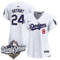 Women's Dodgers 2025 World Series Gold Trim Vapor Premier Limited Jersey - All Stitched - White, Kobe Bryant