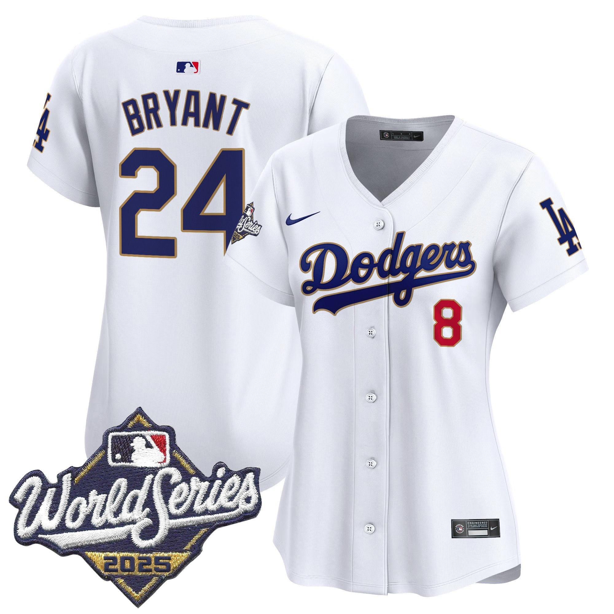 Women's Dodgers 2025 World Series Gold Trim Vapor Premier Limited Jersey - All Stitched - White, Kobe Bryant
