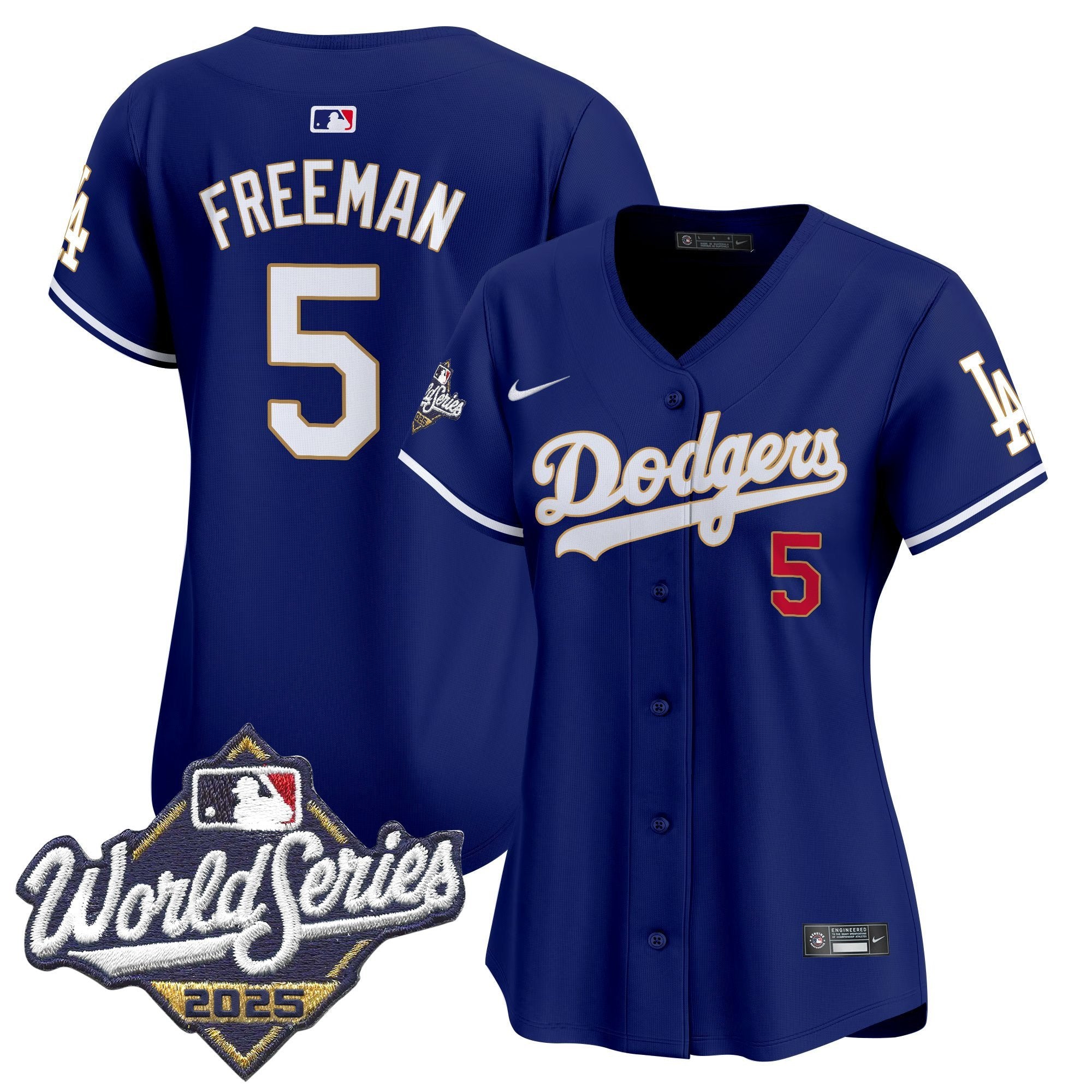 Women's Dodgers 2025 World Series Gold Trim Vapor Premier Limited Jersey - All Stitched - Royal, Freddie Freeman