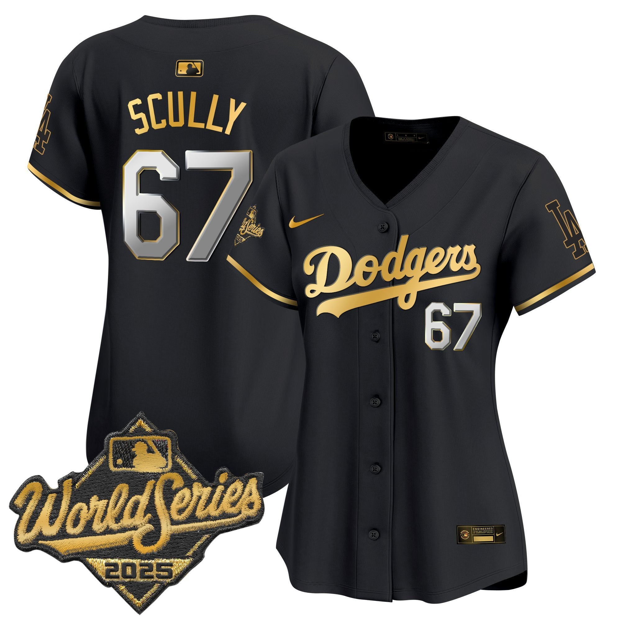 Women's Dodgers 2025 World Series Gold Trim Vapor Premier Limited Jersey - All Stitched - Black Gold, Vin Scully