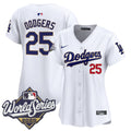 Women's Dodgers 2025 World Series Gold Trim Vapor Premier Limited Jersey - All Stitched - White, #25 Dodgers