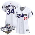 Women's Dodgers 2025 World Series Gold Trim Vapor Premier Limited Jersey - All Stitched - White, Fernando Valenzuela