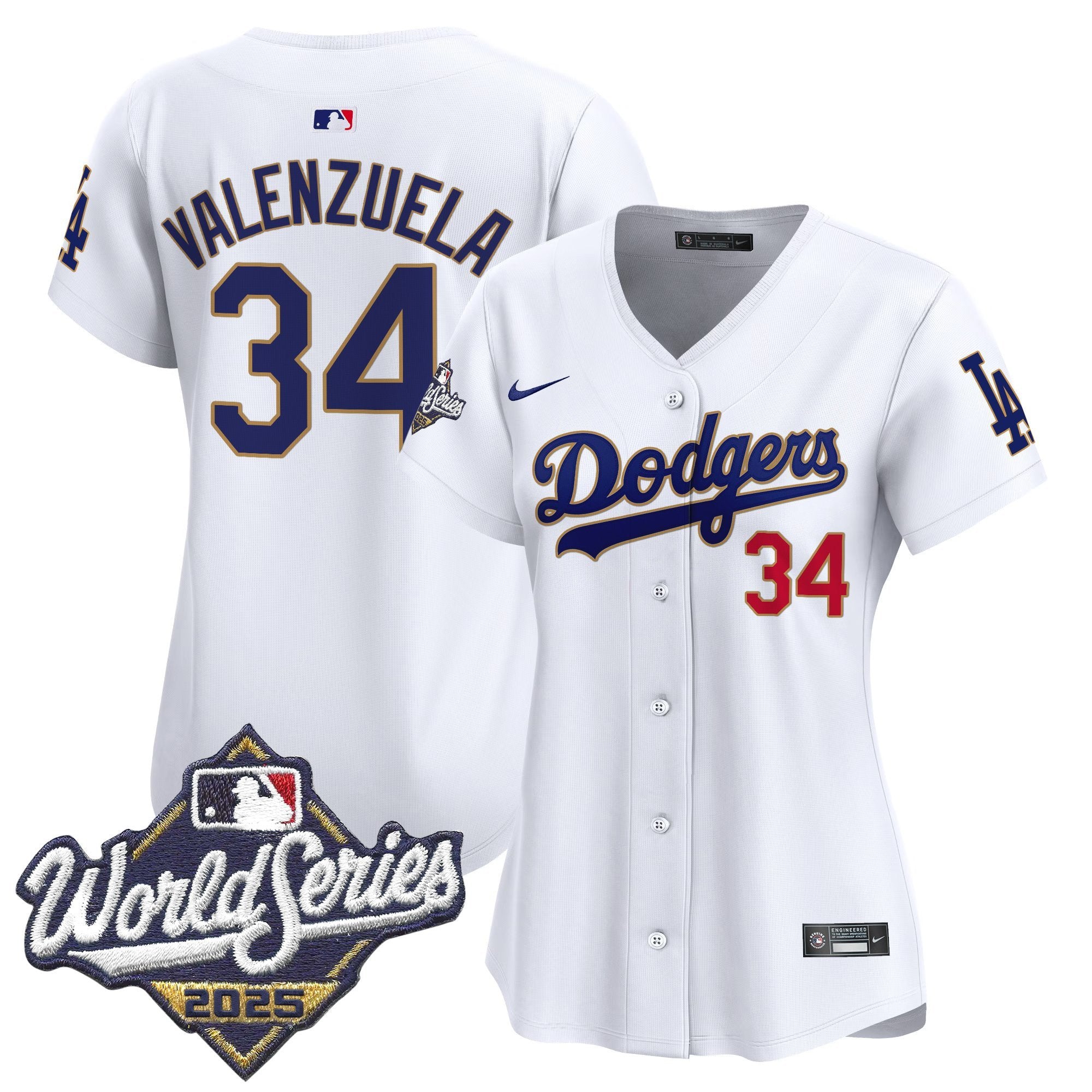 Women's Dodgers 2025 World Series Gold Trim Vapor Premier Limited Jersey - All Stitched - White, Fernando Valenzuela