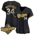Women's Dodgers 2025 World Series Gold Trim Vapor Premier Limited Jersey - All Stitched - Black Gold, Fernando Valenzuela