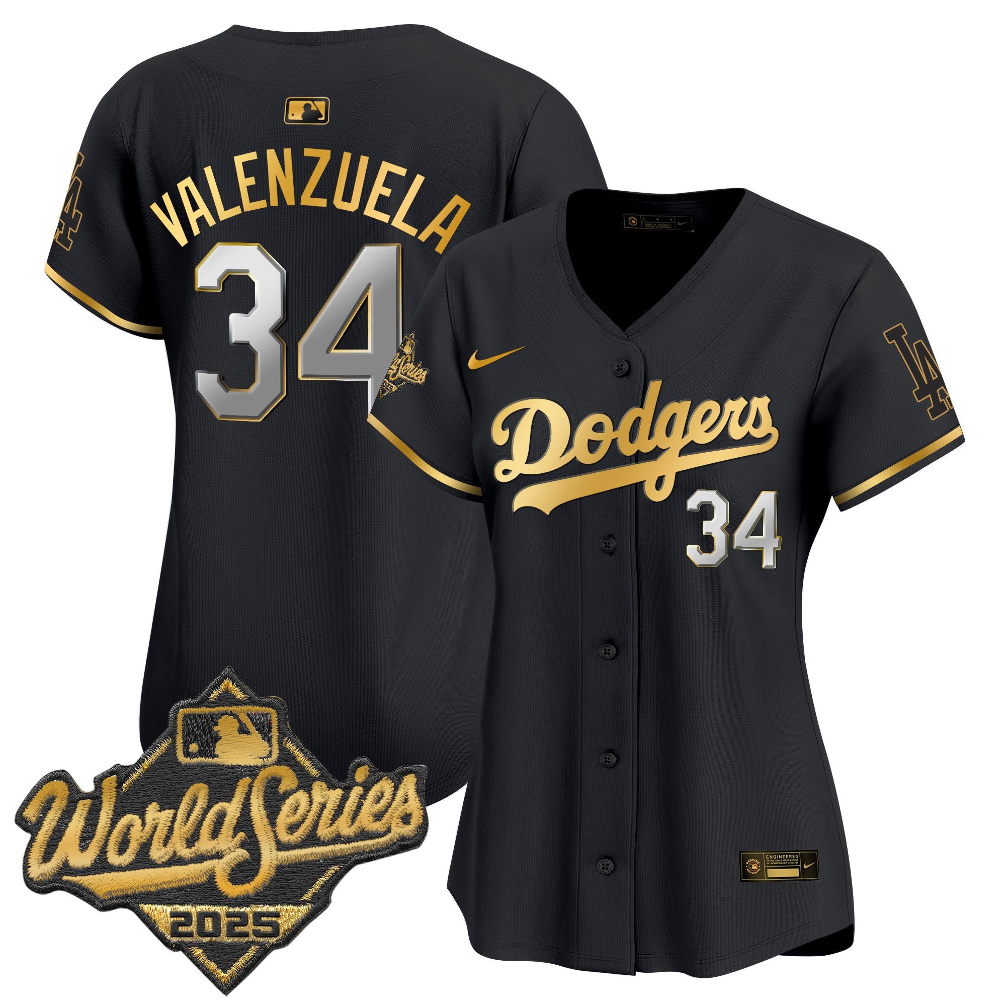 Women's Dodgers 2025 World Series Gold Trim Vapor Premier Limited Jersey - All Stitched - Black Gold, Fernando Valenzuela