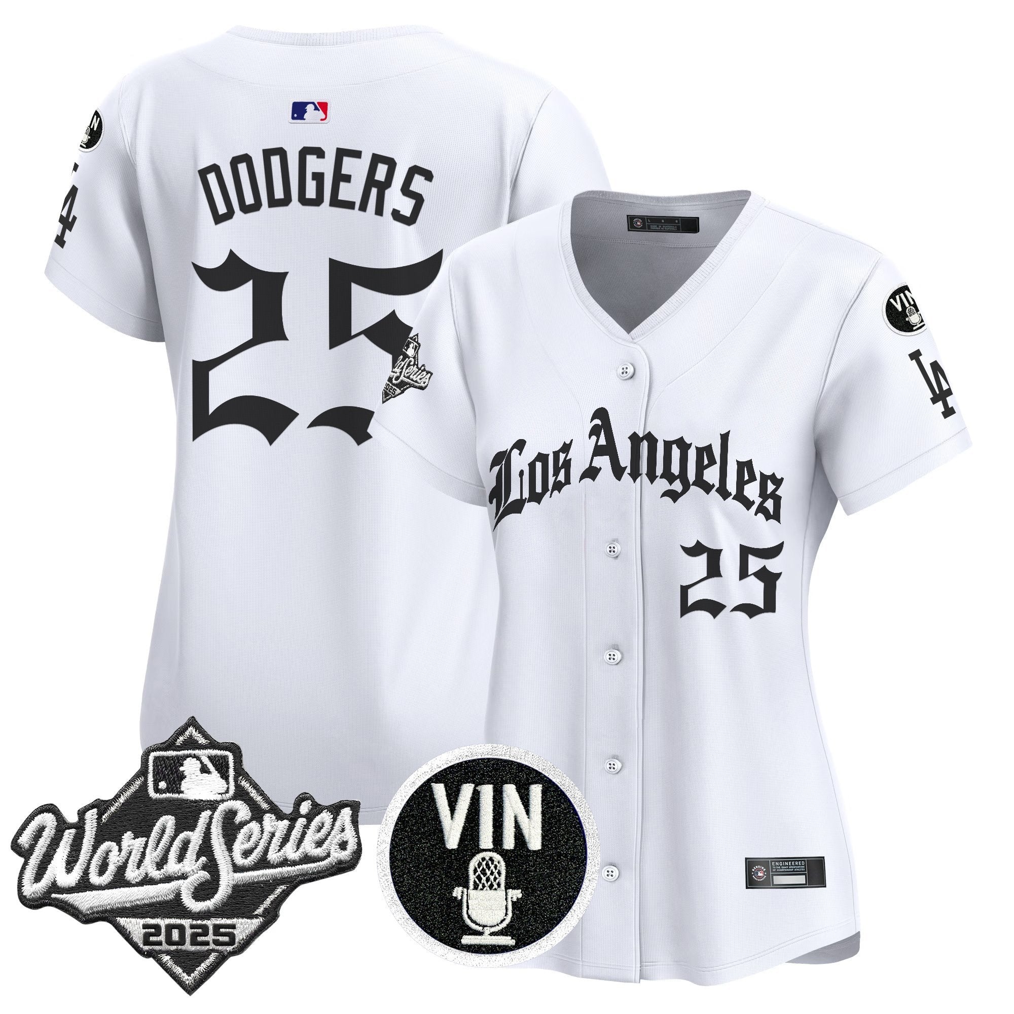 Women's Dodgers 2025 World Series Vapor Premier Limited Jersey - LA Gothic Edition - All Stitched - White, #25 Dodgers