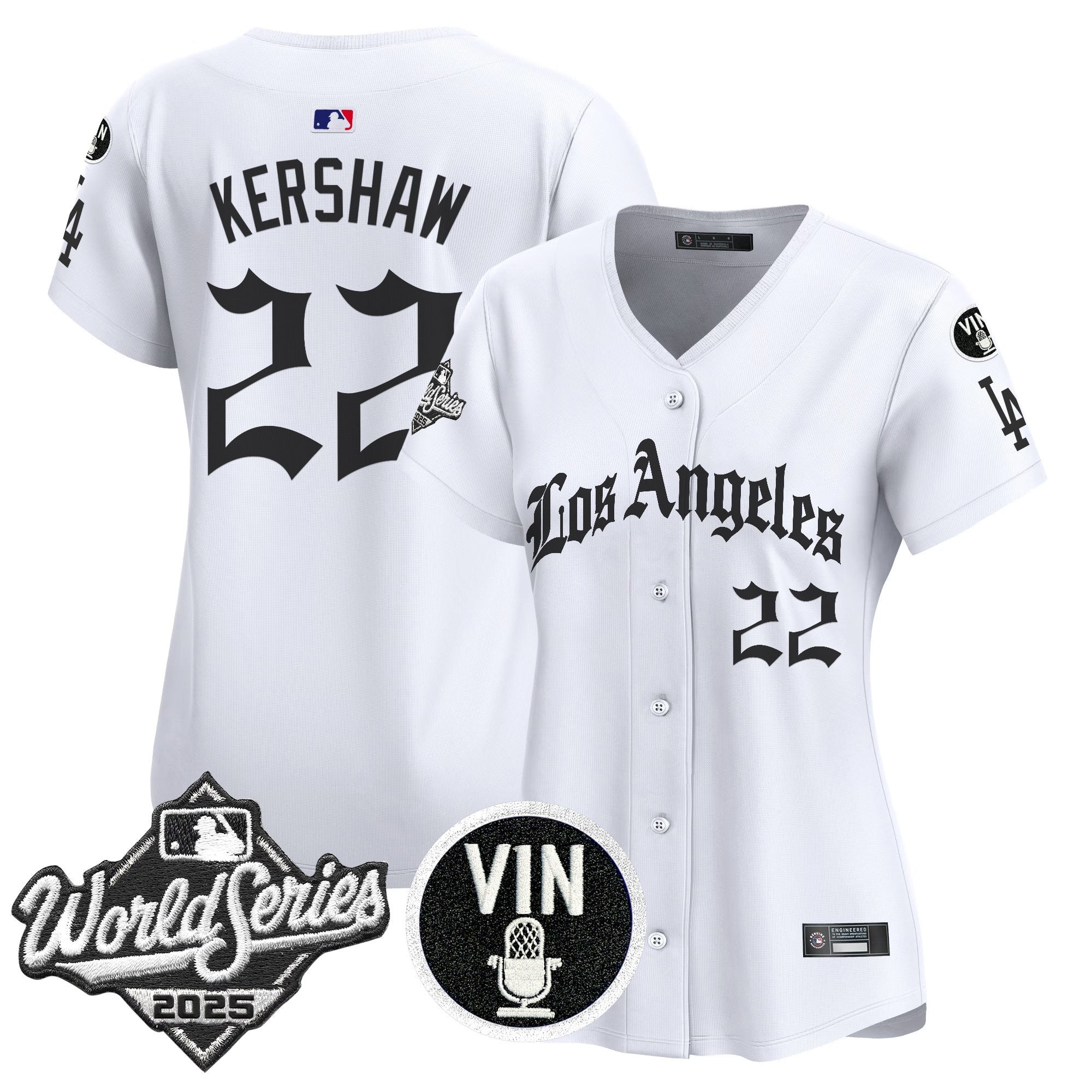 Women's Dodgers 2025 World Series Vapor Premier Limited Jersey - LA Gothic Edition - All Stitched - White, Clayton Kershaw