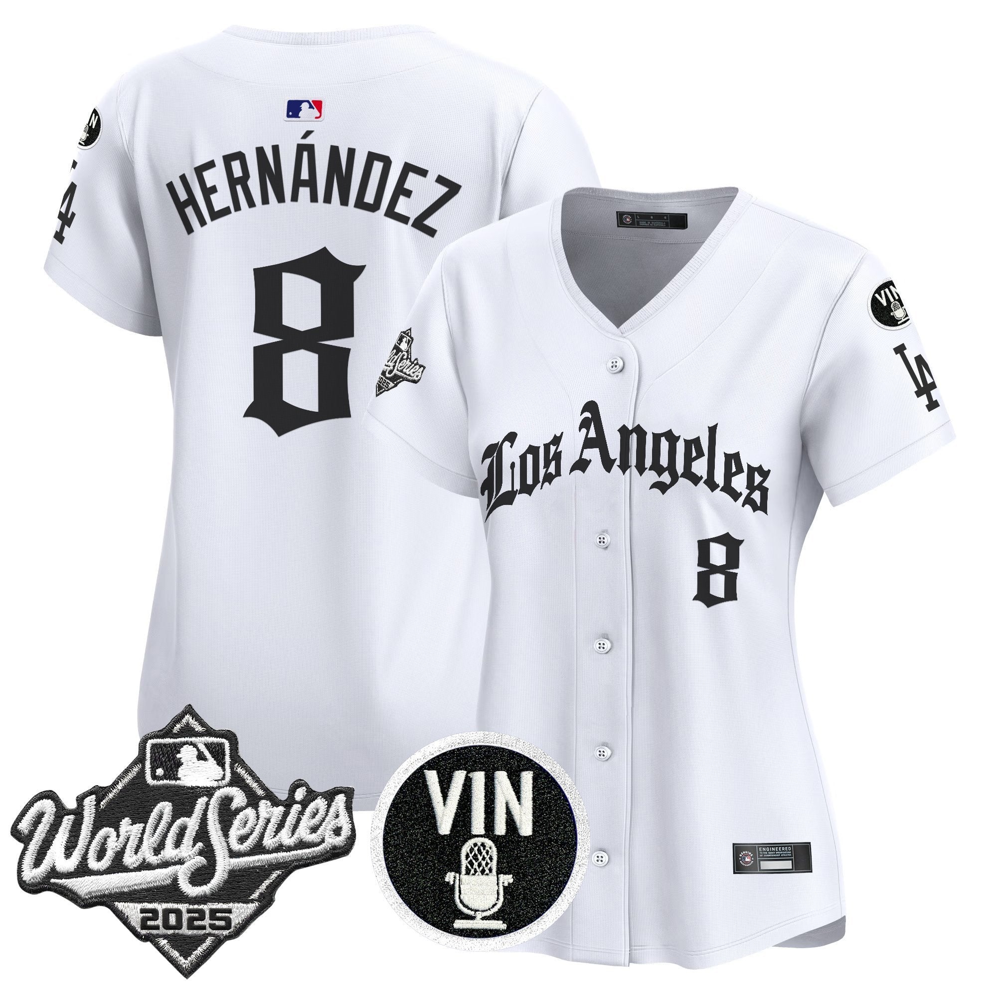 Women's Dodgers 2025 World Series Vapor Premier Limited Jersey - LA Gothic Edition - All Stitched - White, Kike Hernandez