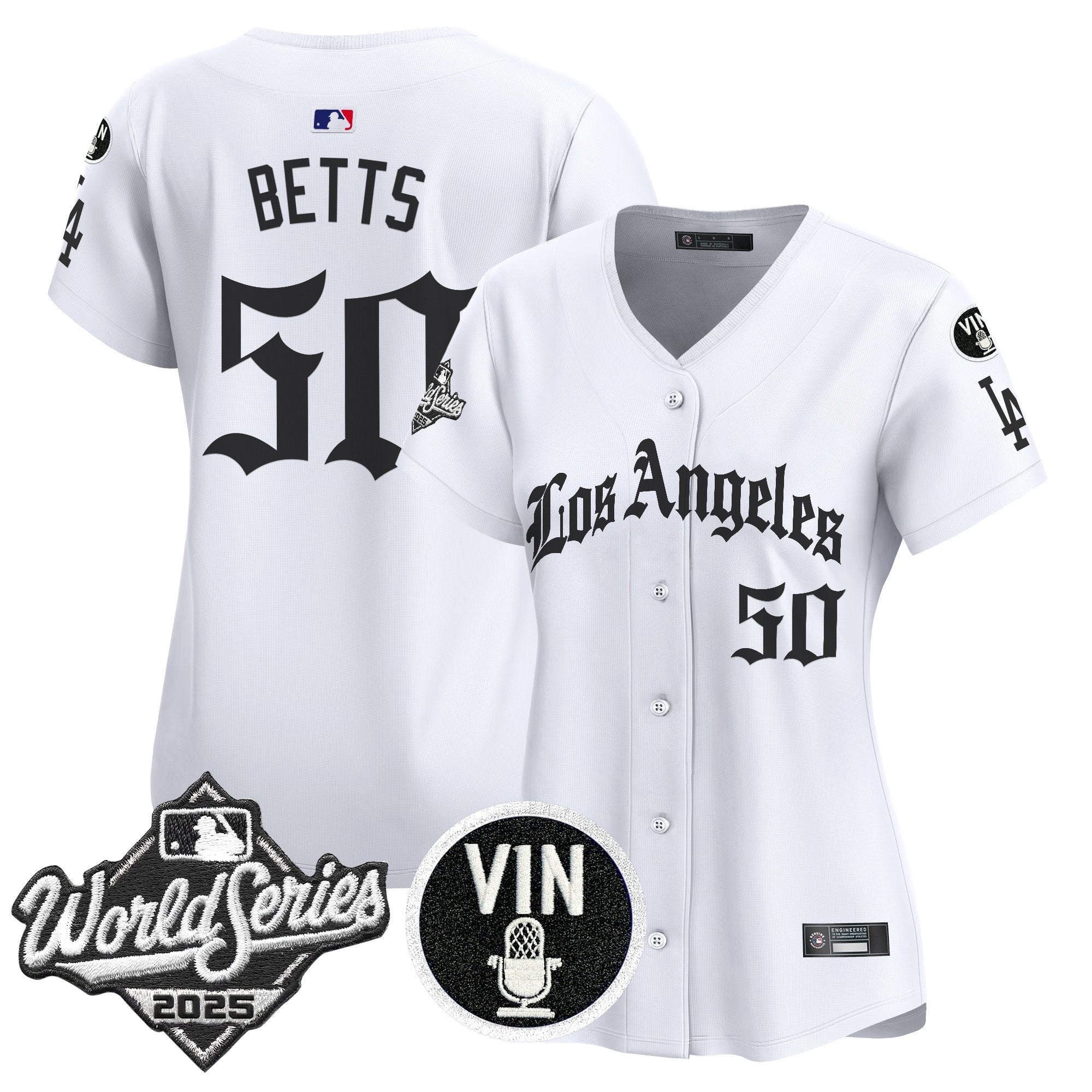 Women's Dodgers 2025 World Series Vapor Premier Limited Jersey - LA Gothic Edition - All Stitched - White, Mookie Betts