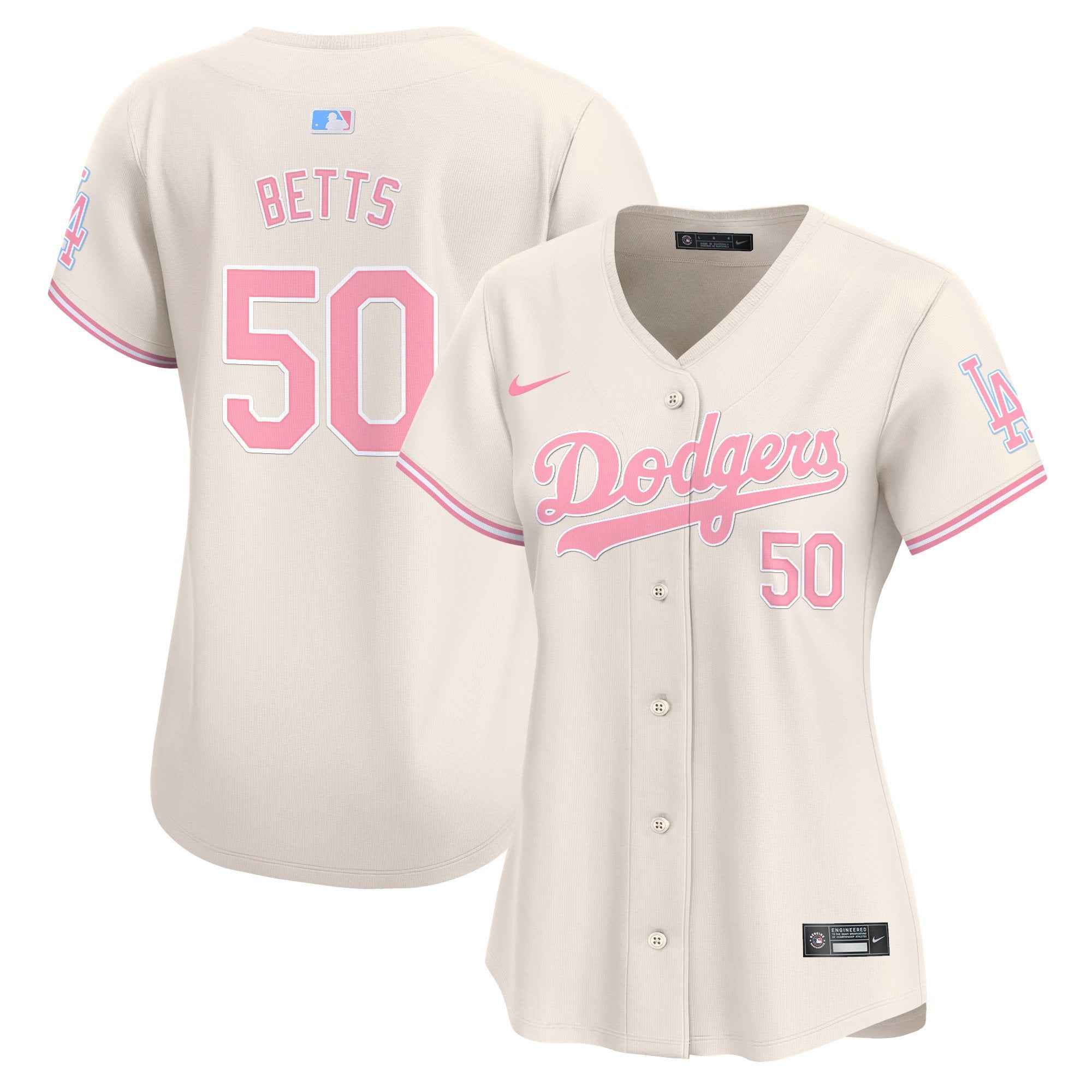 Women's Dodgers Bubblegum Pink Vapor Premier Limited Jersey - All Stitched - Cream, Mookie Betts