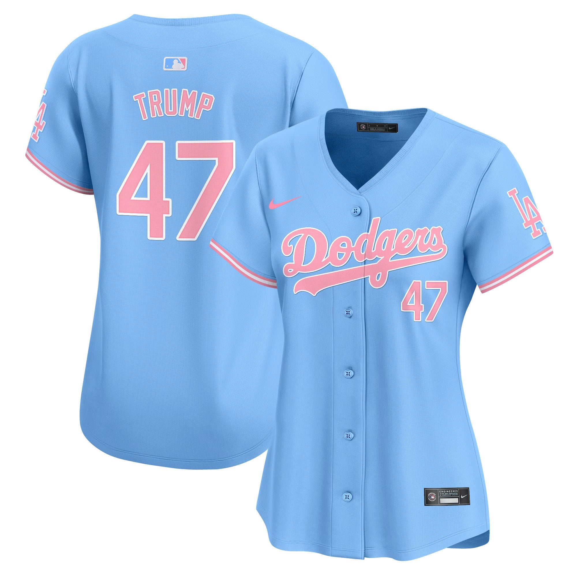 Women's Dodgers Bubblegum Pink Vapor Premier Limited Jersey - All Stitched - Light Blue, Donald Trump