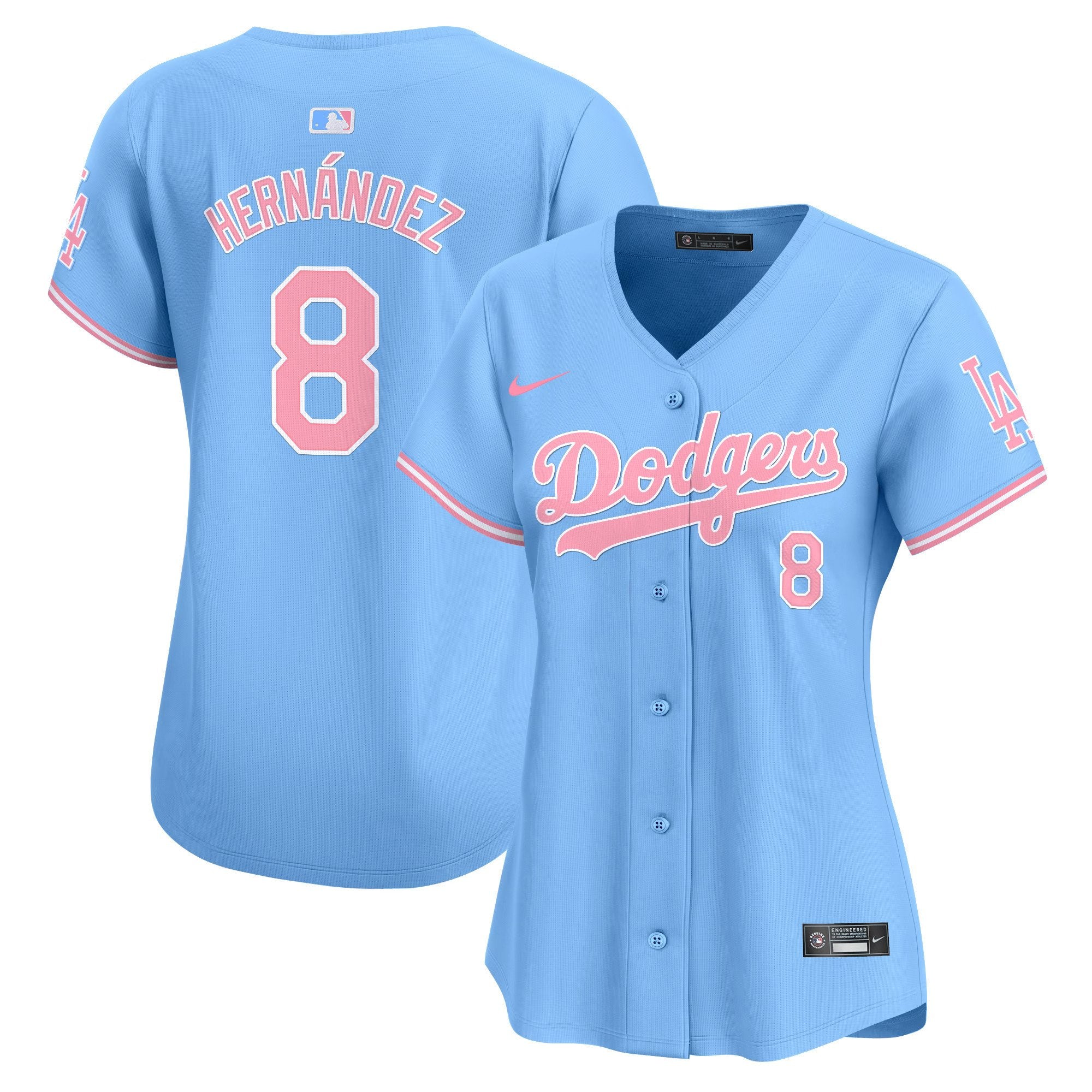 Women's Dodgers Bubblegum Pink Vapor Premier Limited Jersey - All Stitched - Light Blue, Kike Hernandez