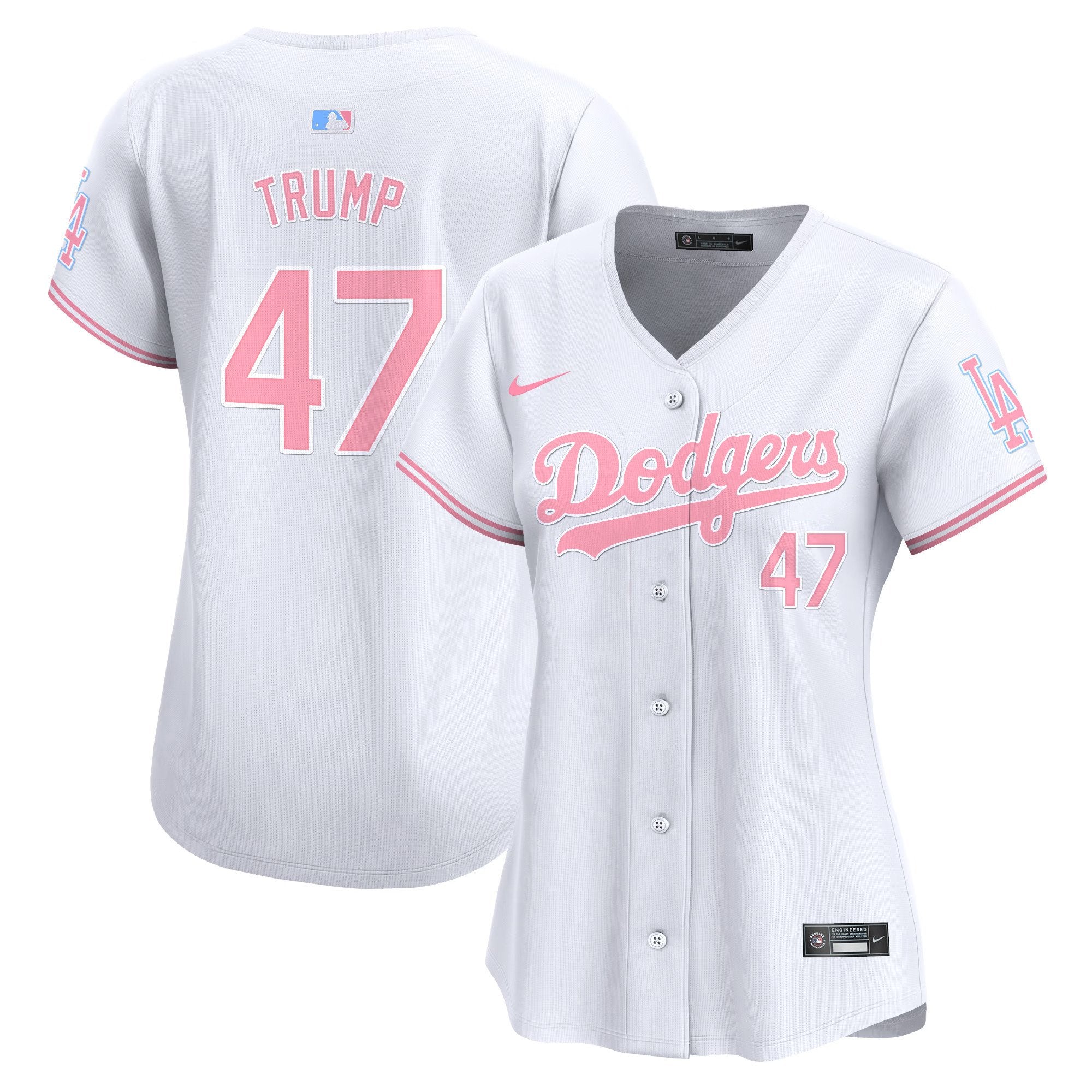 Women's Dodgers Bubblegum Pink Vapor Premier Limited Jersey - All Stitched - White, Donald Trump