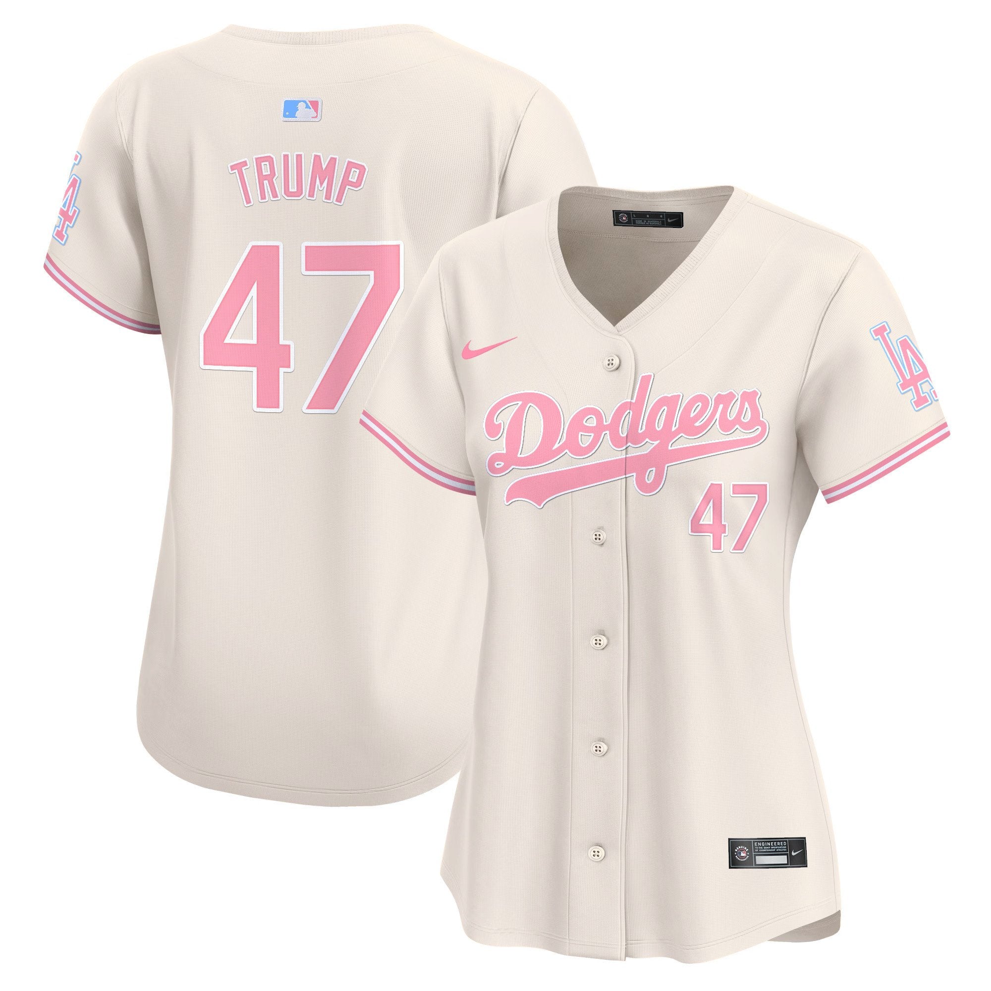 Women's Dodgers Bubblegum Pink Vapor Premier Limited Jersey - All Stitched - Cream, Donald Trump