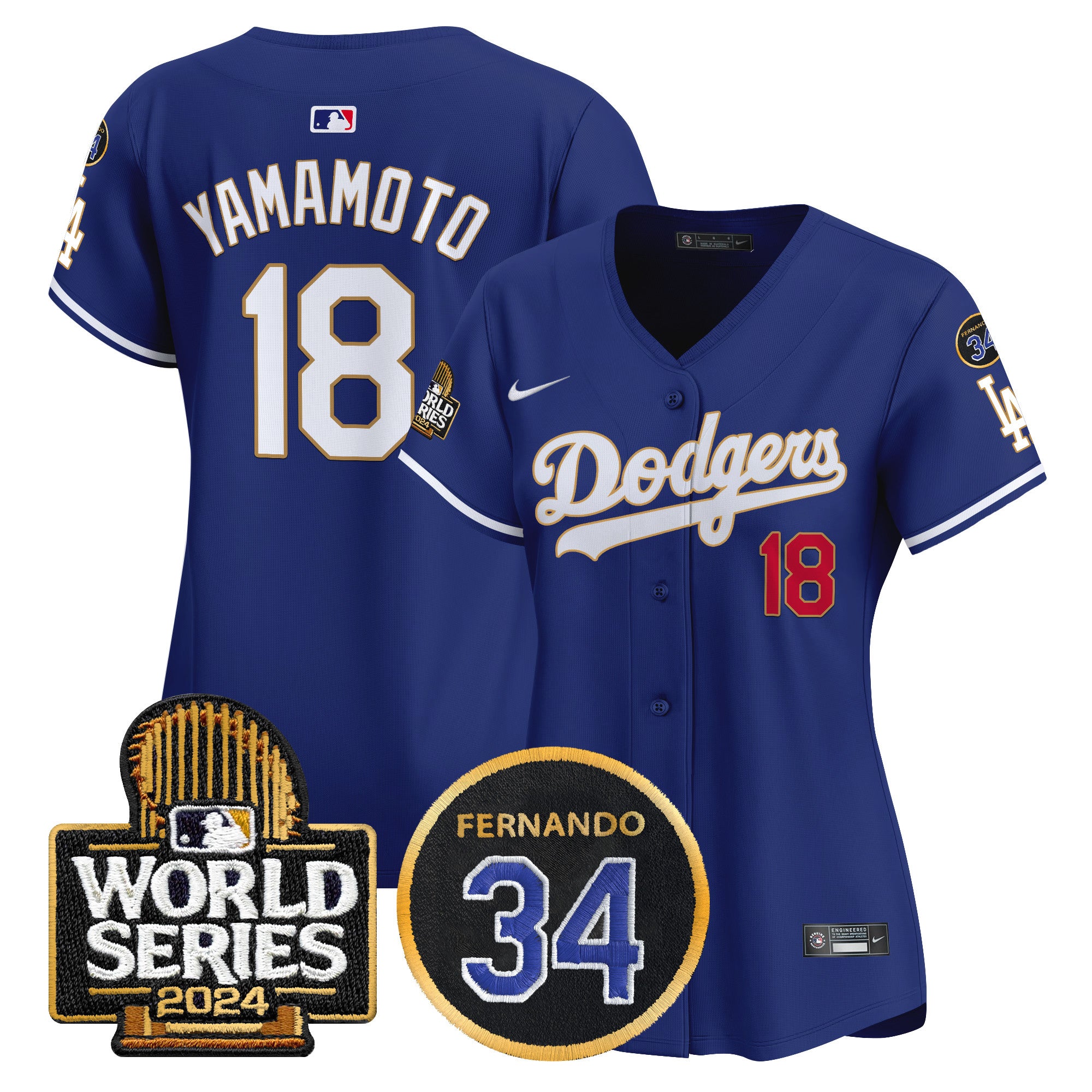 Women's Dodgers Fernando Memorial & 2024 World Series Patch Vapor Premier Limited Jersey - All Stitched - Royal, Yamamoto