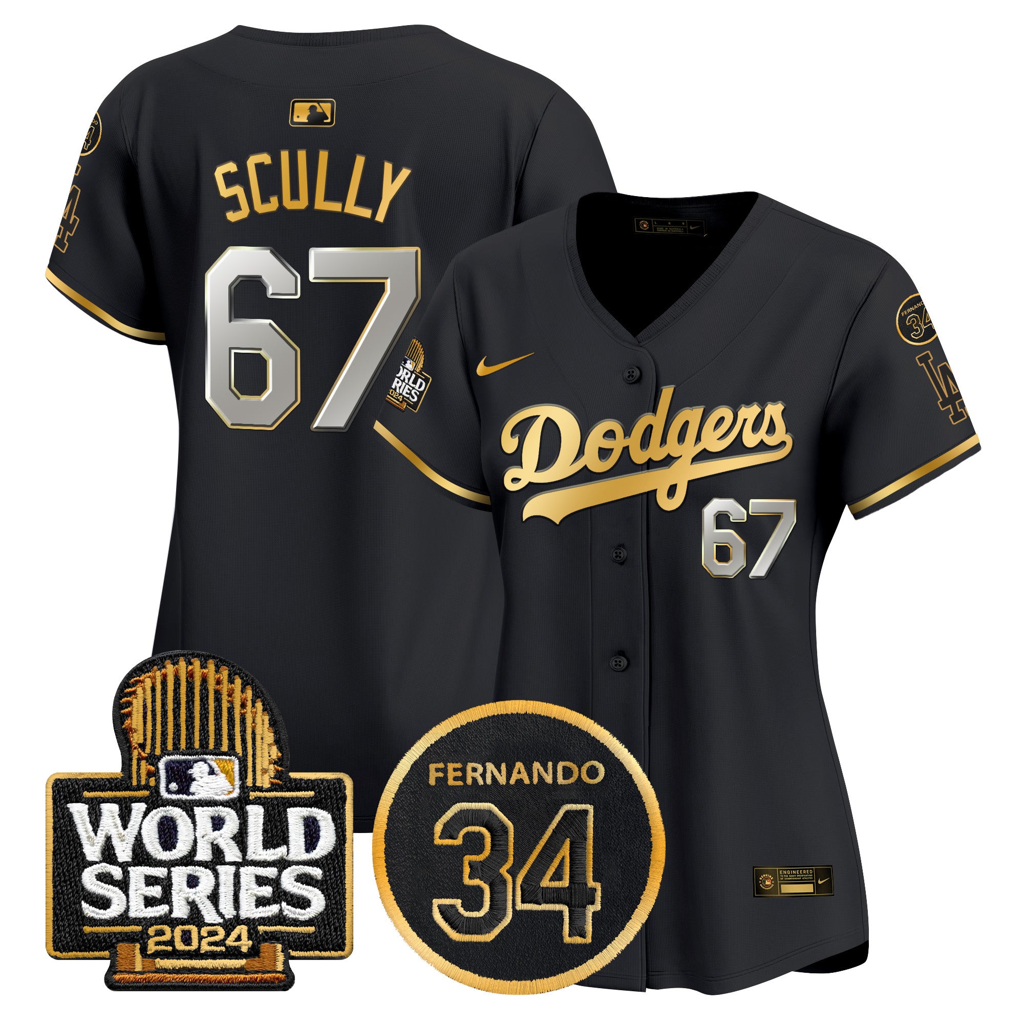 Women's Dodgers Fernando Memorial & 2024 World Series Patch Vapor Premier Limited Jersey - All Stitched - Black Gold, Vin Scully