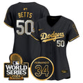 Women's Dodgers Fernando Memorial & 2024 World Series Patch Vapor Premier Limited Jersey - All Stitched - Black Gold, Mookie Betts