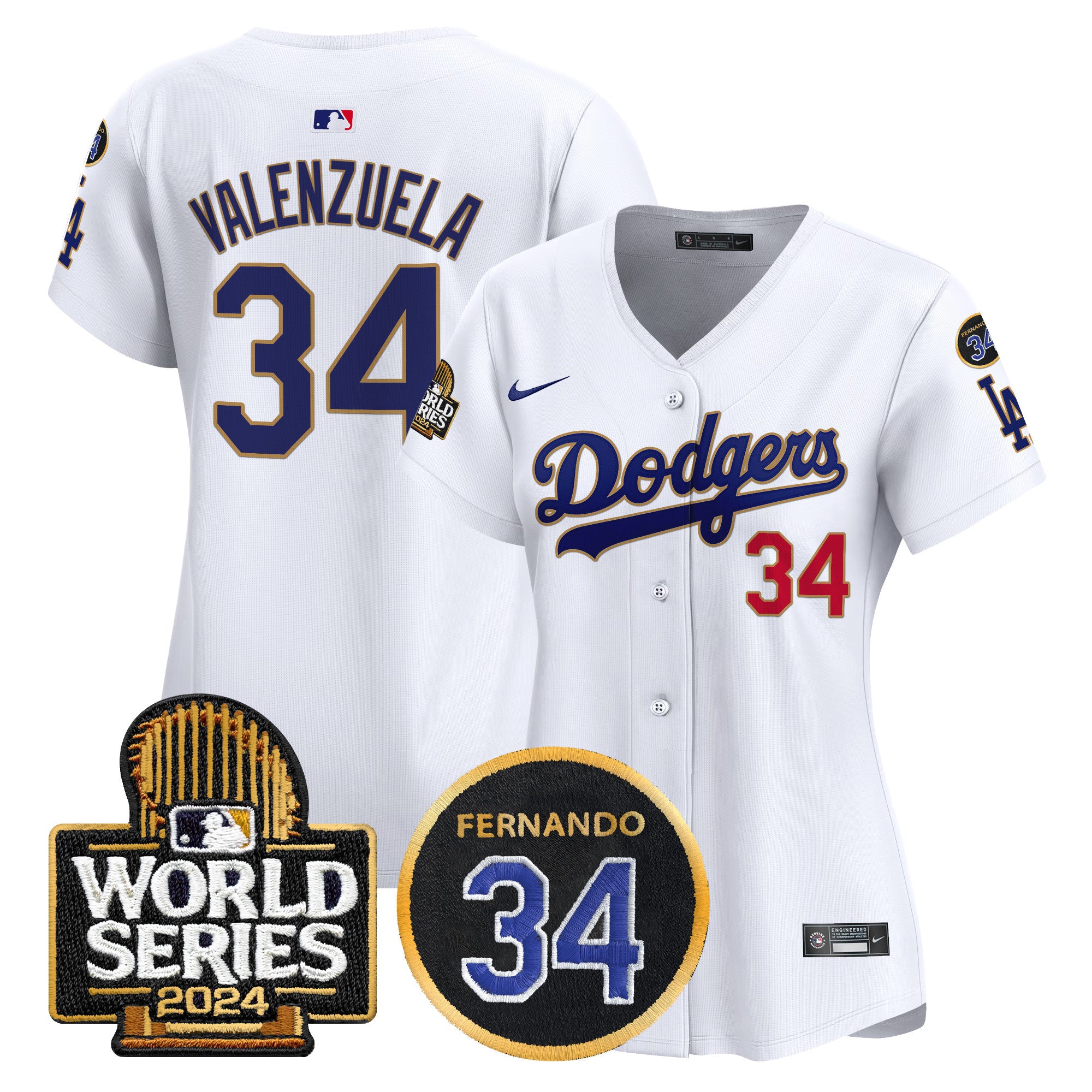 Women's Dodgers Fernando Memorial & 2024 World Series Patch Vapor Premier Limited Jersey - All Stitched - White, Fernando Valenzuela