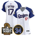 Women's Dodgers Fernando Memorial & 2024 World Series Patch Vapor Premier Limited Jersey - All Stitched - White Alternate, Shohei Ohtani