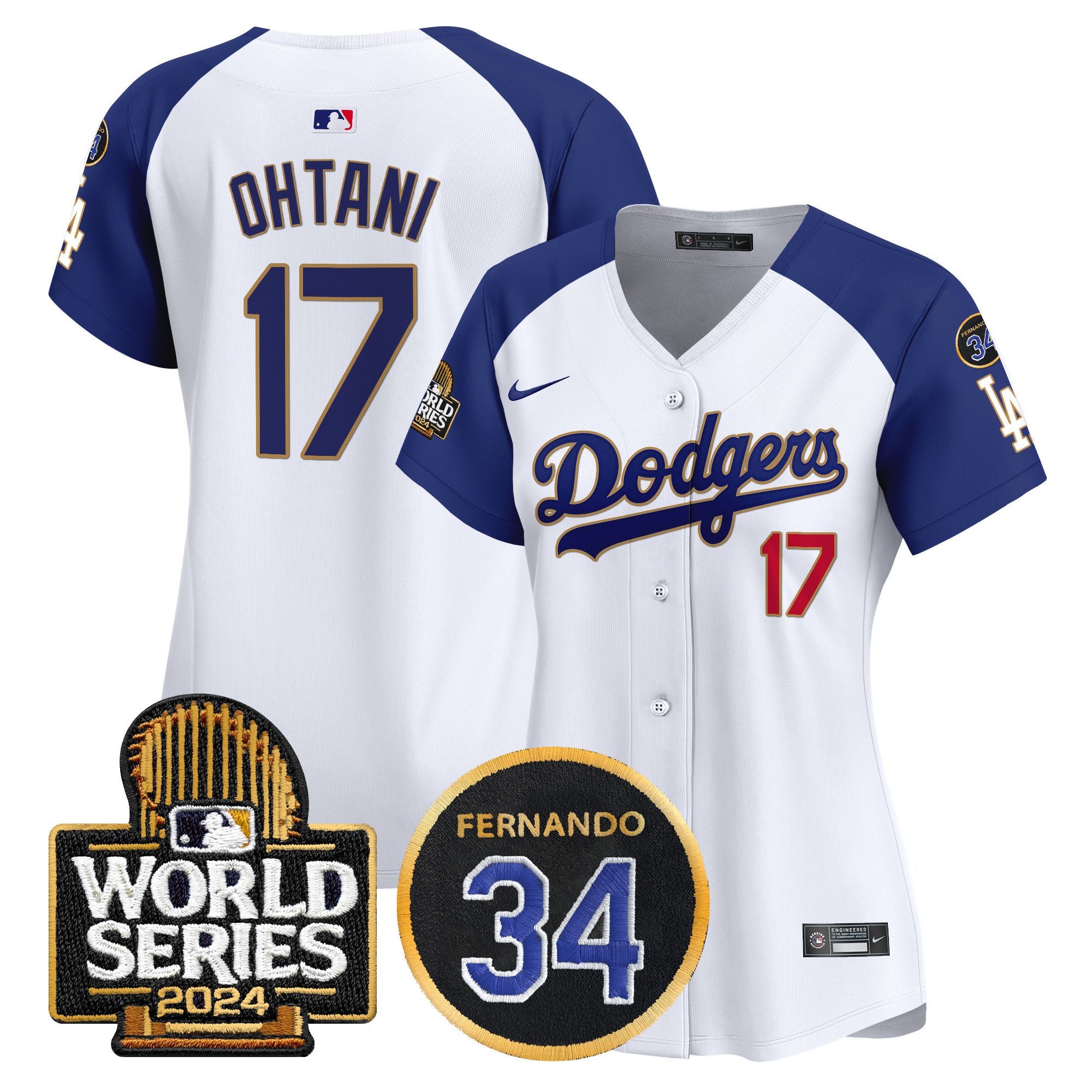 Women's Dodgers Fernando Memorial & 2024 World Series Patch Vapor Premier Limited Jersey - All Stitched - White Alternate, Shohei Ohtani