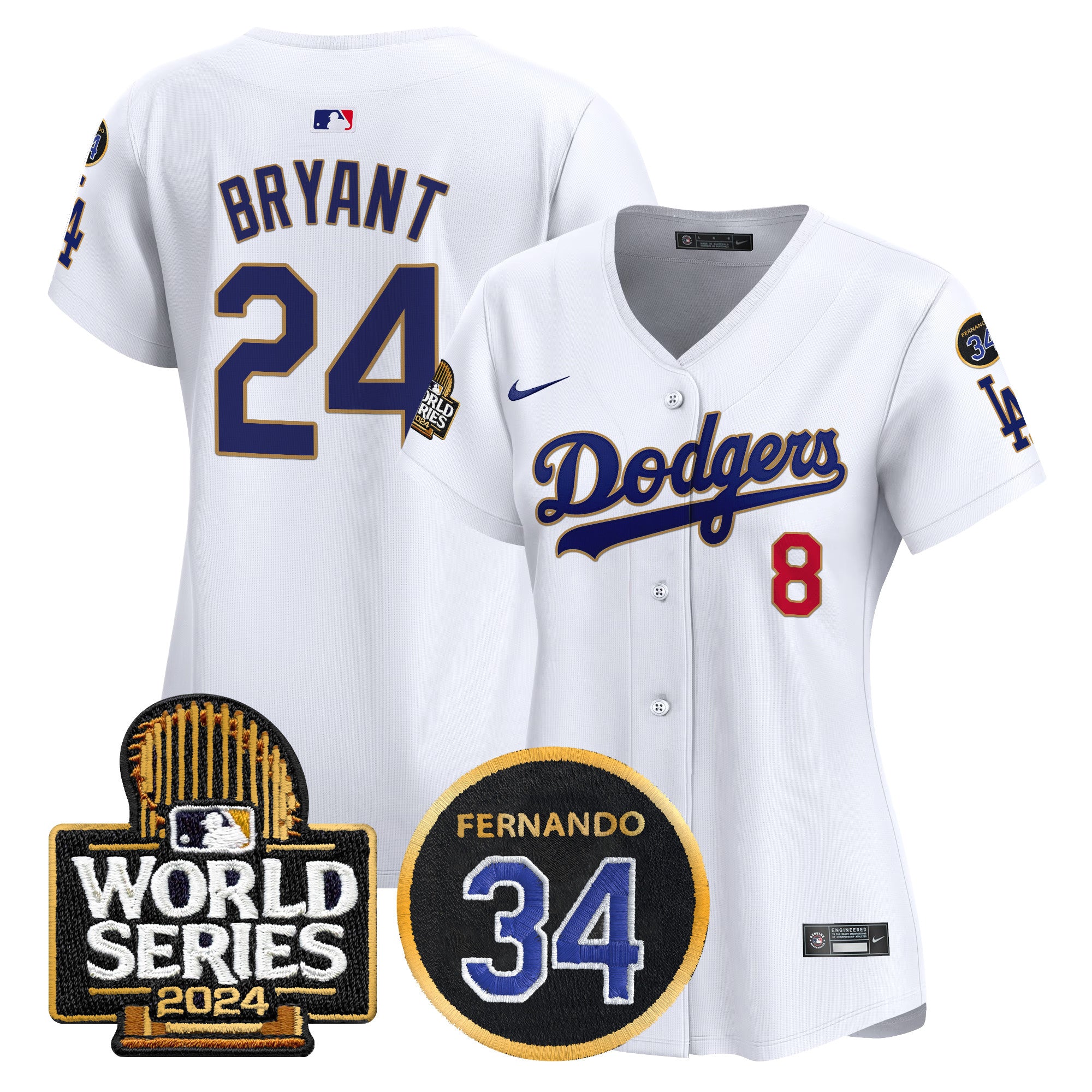 Women's Dodgers Fernando Memorial & 2024 World Series Patch Vapor Premier Limited Jersey - All Stitched - White, Kobe Bryant