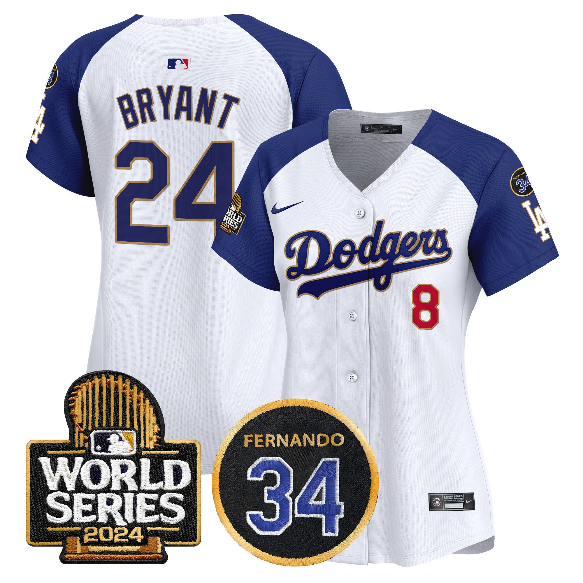 Women's Dodgers Fernando Memorial & 2024 World Series Patch Vapor Premier Limited Jersey - All Stitched - White Alternate, Kobe Bryant