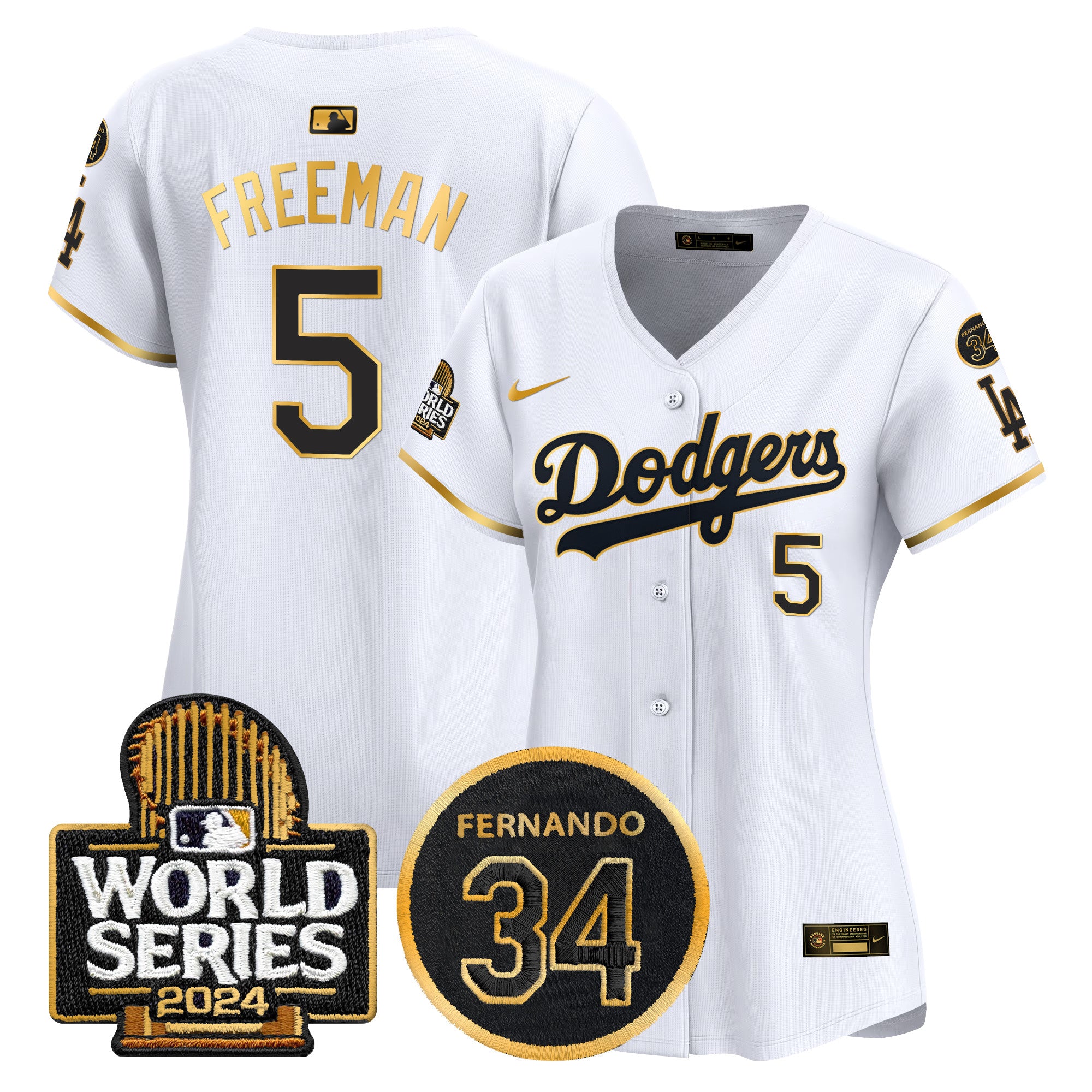 Women's Dodgers Fernando Memorial & 2024 World Series Patch Vapor Premier Limited Jersey - All Stitched - White Gold, Freddie Freeman