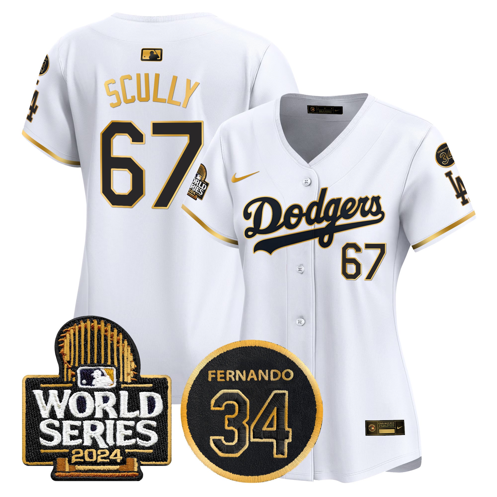 Women's Dodgers Fernando Memorial & 2024 World Series Patch Vapor Premier Limited Jersey - All Stitched - White Gold, Vin Scully