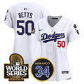 Women's Dodgers Fernando Memorial & 2024 World Series Patch Vapor Premier Limited Jersey - All Stitched - White, Mookie Betts