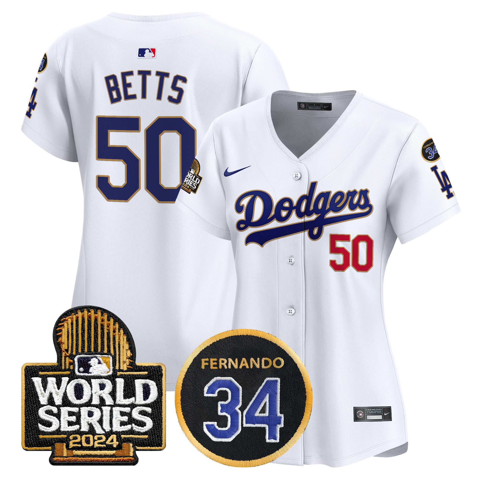 Women's Dodgers Fernando Memorial & 2024 World Series Patch Vapor Premier Limited Jersey - All Stitched - White, Mookie Betts