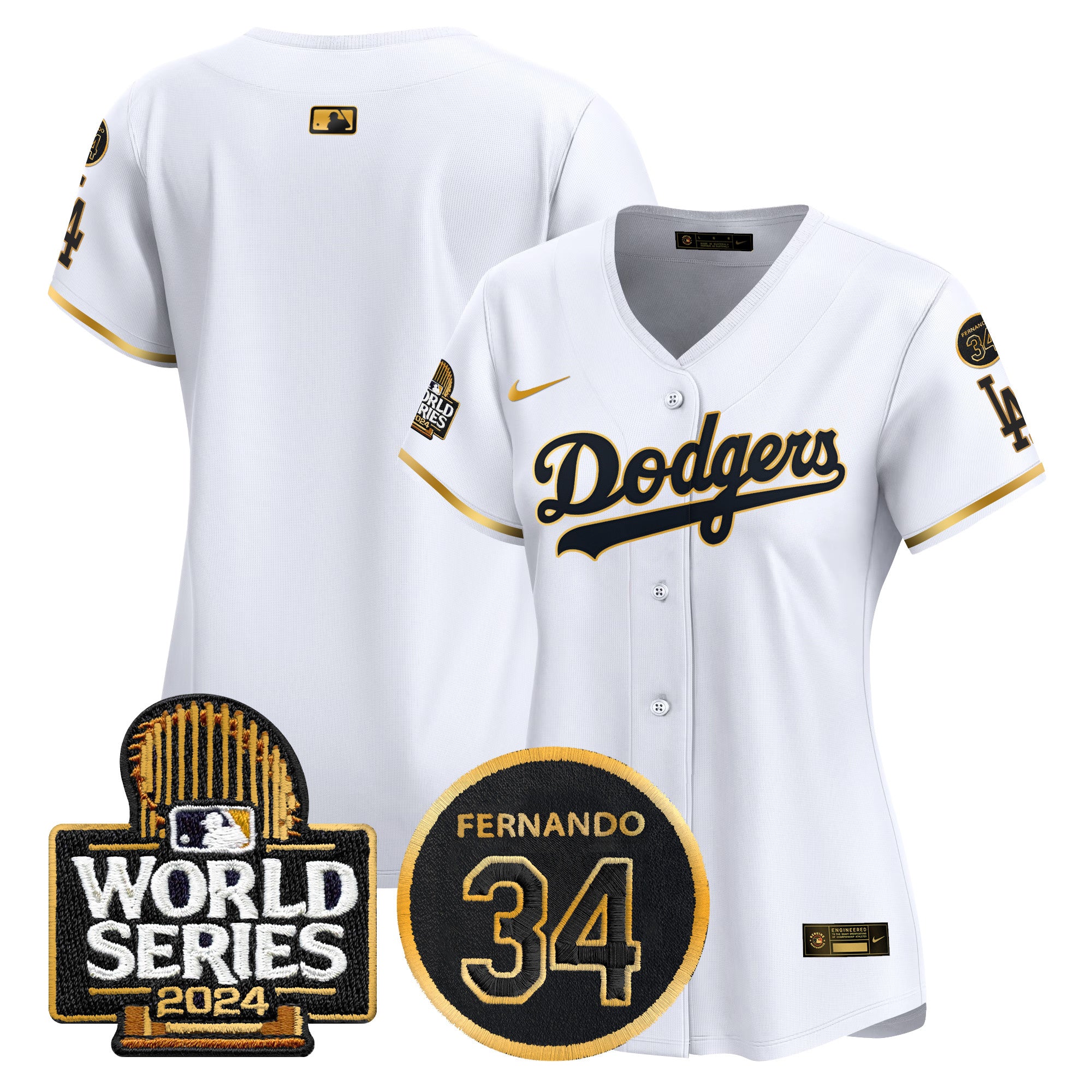 Women's Dodgers Fernando Memorial & 2024 World Series Patch Vapor Premier Limited Jersey - All Stitched - White Gold, Team