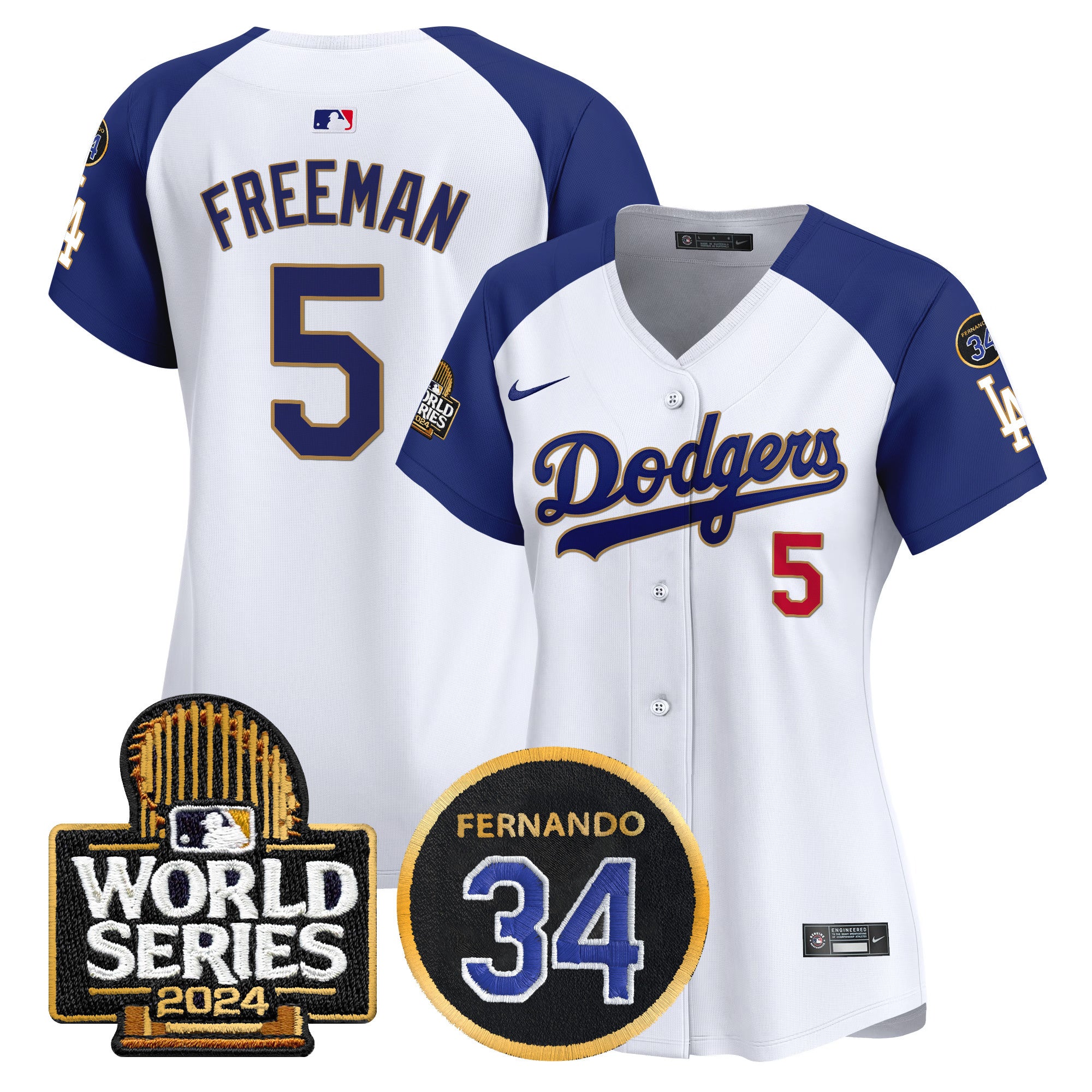 Women's Dodgers Fernando Memorial & 2024 World Series Patch Vapor Premier Limited Jersey - All Stitched - White Alternate, Freddie Freeman