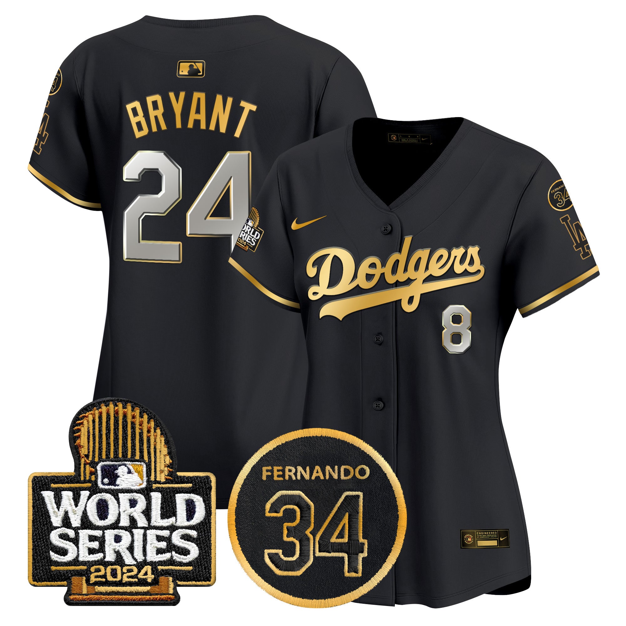 Women's Dodgers Fernando Memorial & 2024 World Series Patch Vapor Premier Limited Jersey - All Stitched - Black Gold, Kobe Bryant