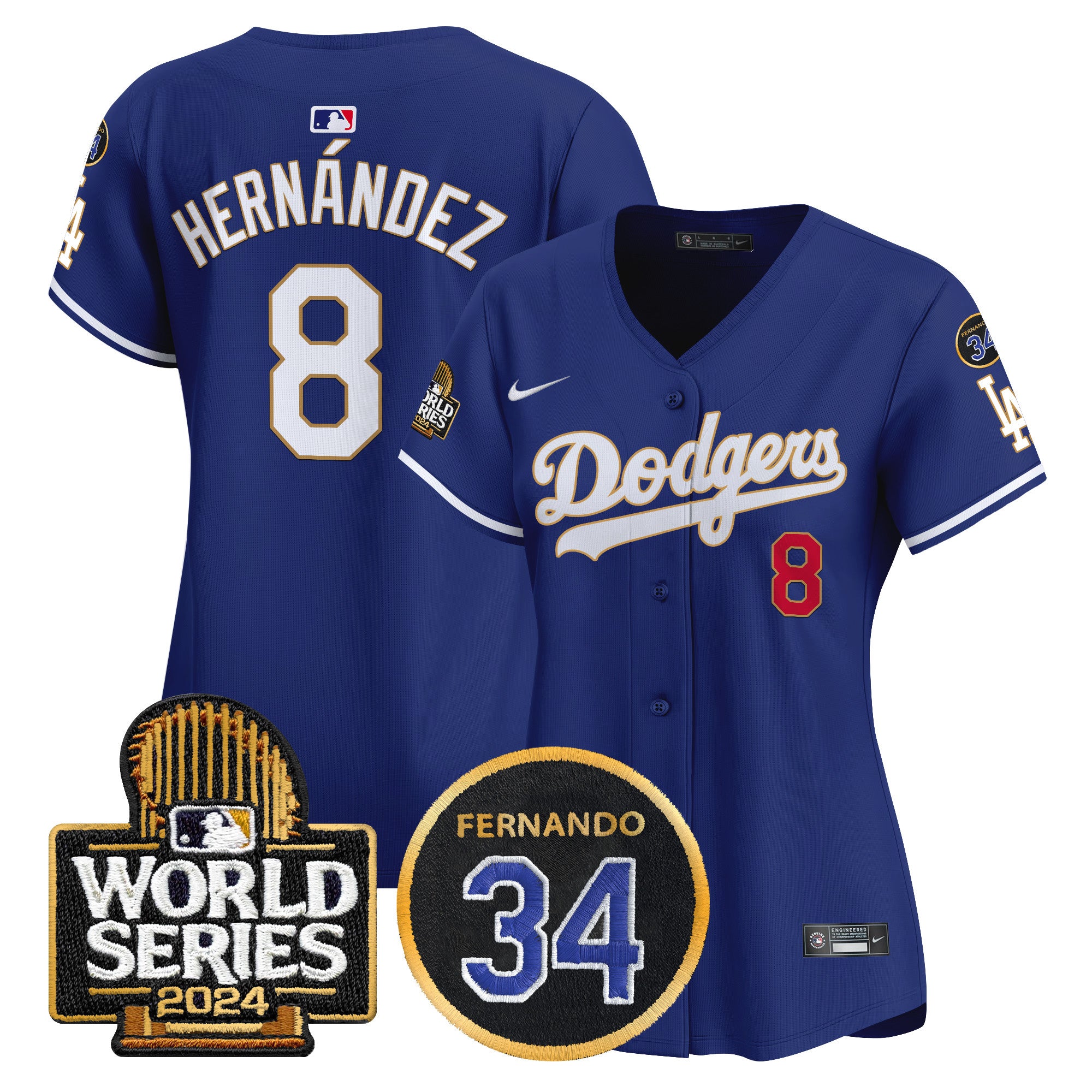Women's Dodgers Fernando Memorial & 2024 World Series Patch Vapor Premier Limited Jersey - All Stitched - Royal, Kike Hernandez