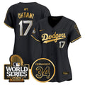 Women's Dodgers Fernando Memorial & 2024 World Series Patch Vapor Premier Limited Jersey - All Stitched - Black Gold, Shohei Ohtani