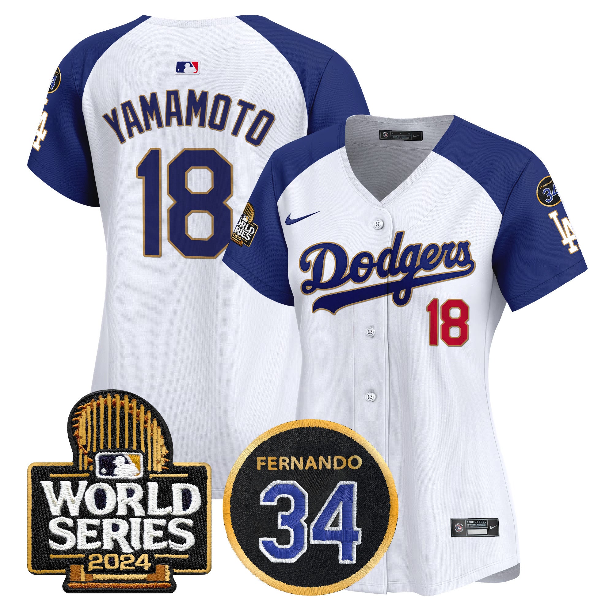 Women's Dodgers Fernando Memorial & 2024 World Series Patch Vapor Premier Limited Jersey - All Stitched - White Alternate, Yamamoto