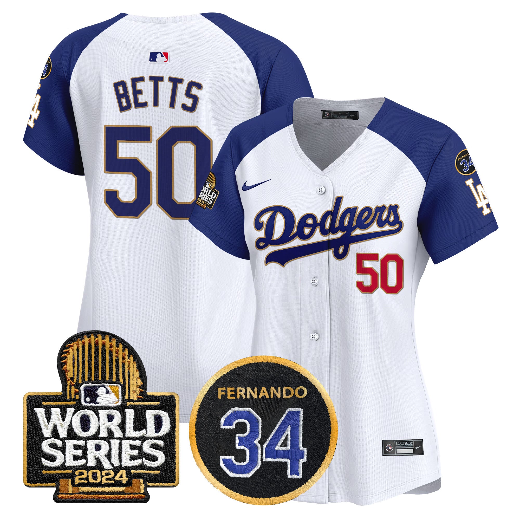 Women's Dodgers Fernando Memorial & 2024 World Series Patch Vapor Premier Limited Jersey - All Stitched - White Alternate, Mookie Betts