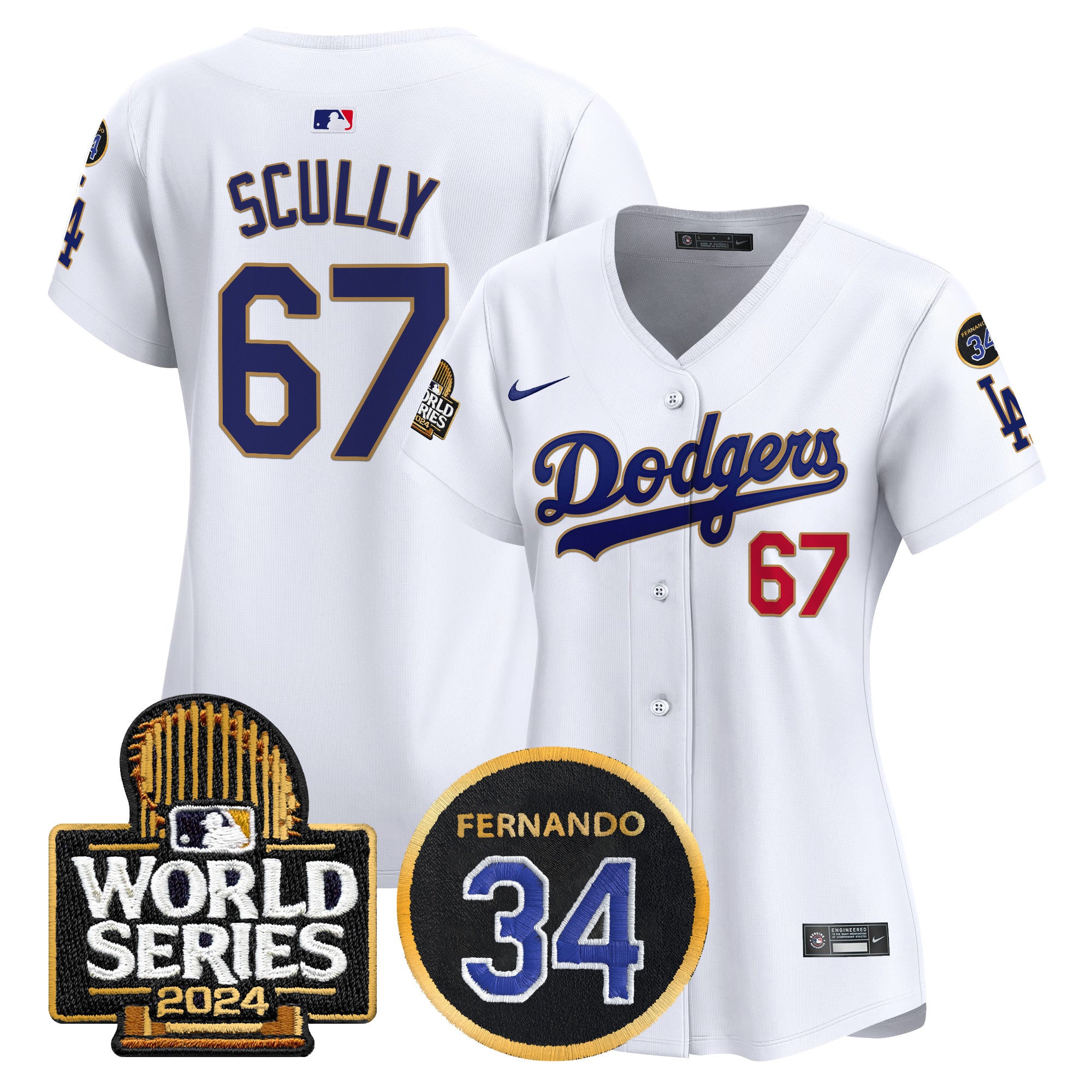 Women's Dodgers Fernando Memorial & 2024 World Series Patch Vapor Premier Limited Jersey - All Stitched - White, Vin Scully