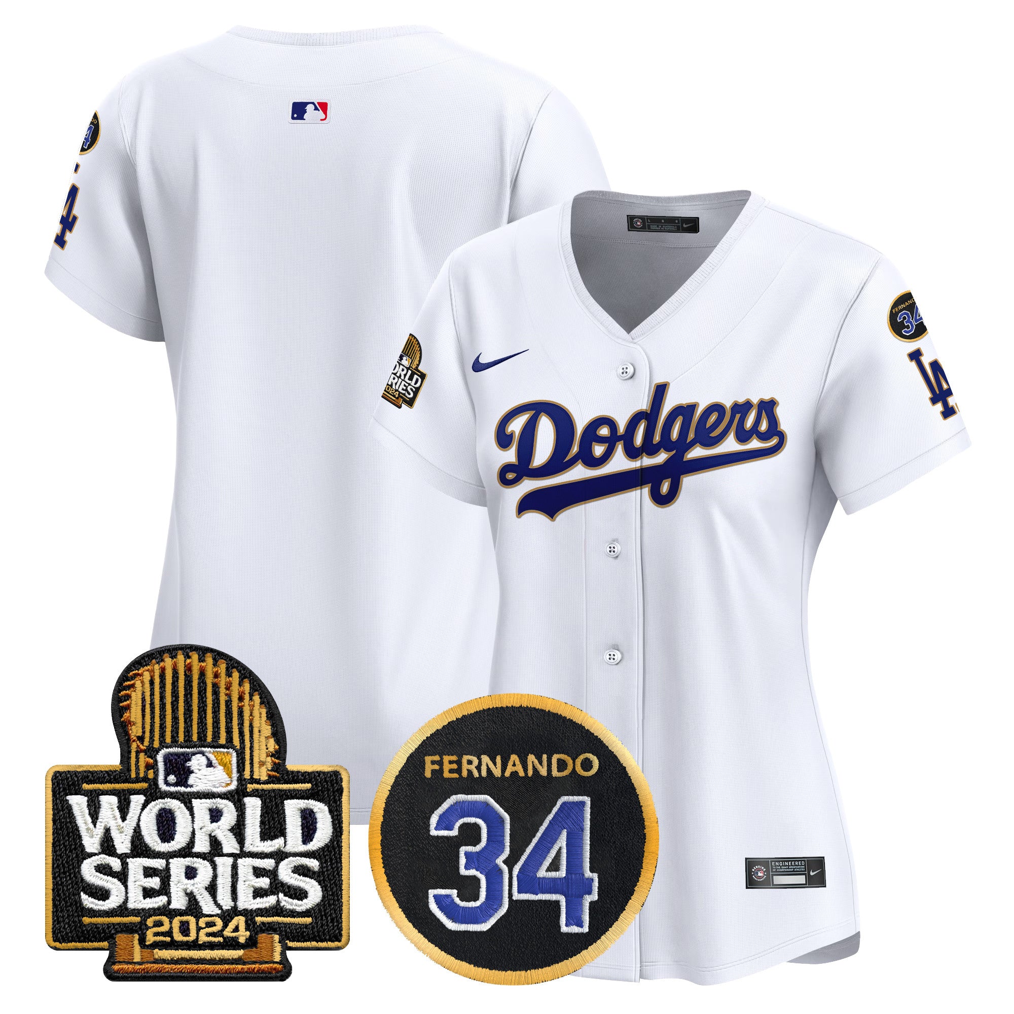 Women's Dodgers Fernando Memorial & 2024 World Series Patch Vapor Premier Limited Jersey - All Stitched - White, Team